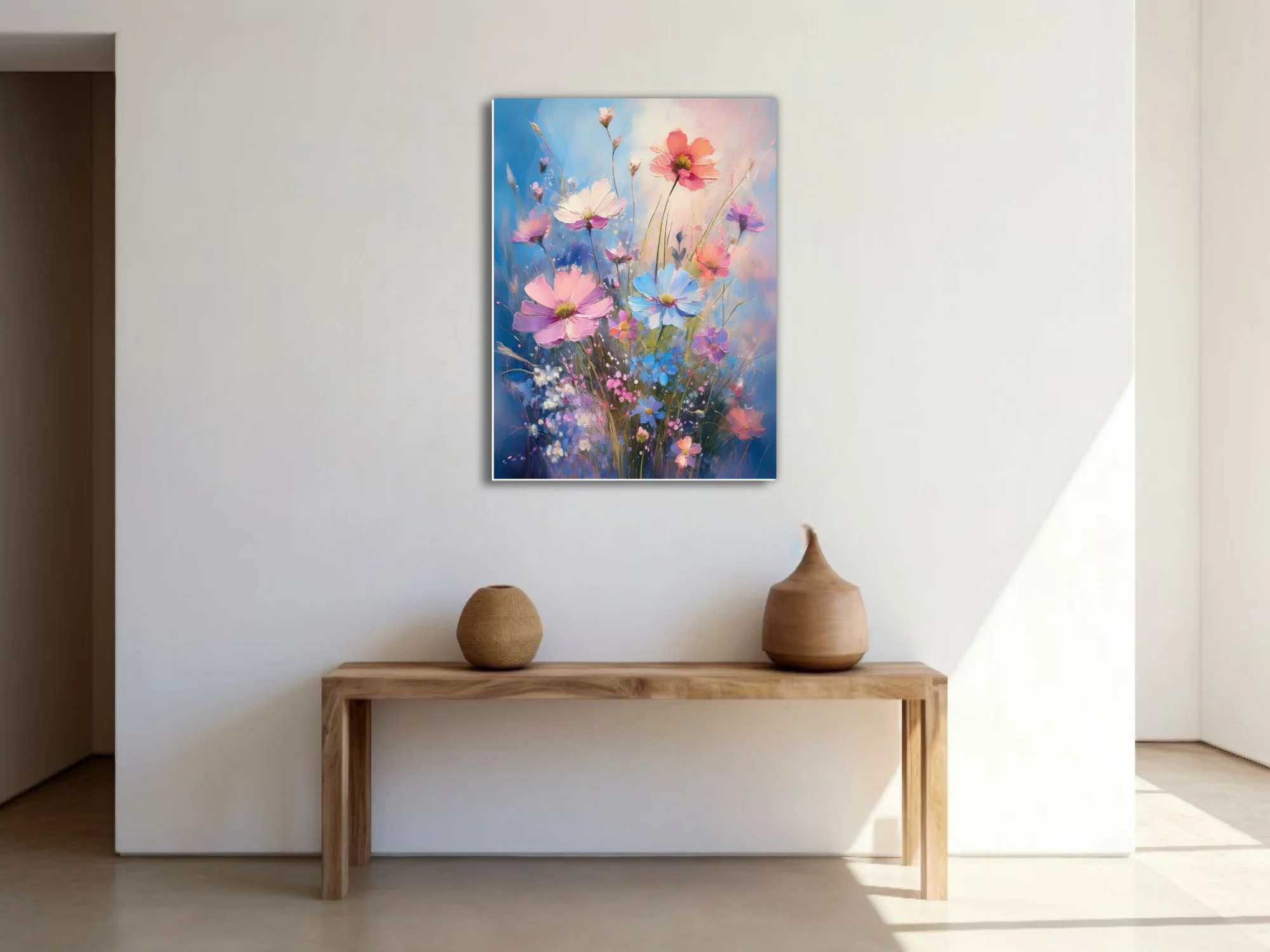 Painterly wildflower composition in pink, coral, and blue with petals on cobalt