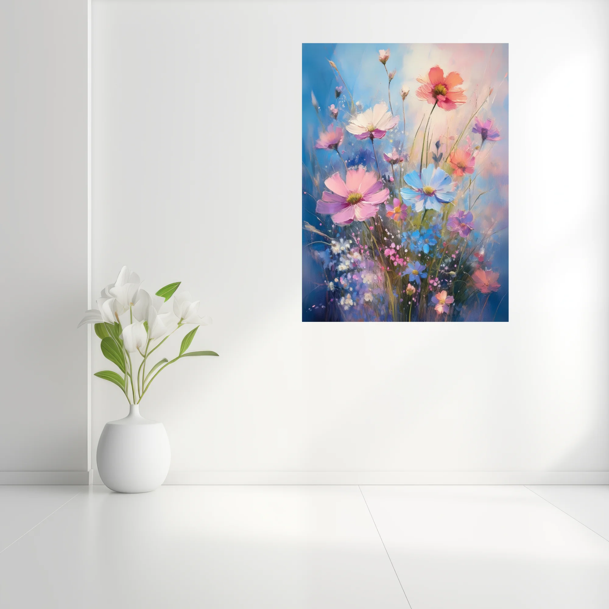 Painterly wildflower composition in pink, coral, and blue with petals on cobalt