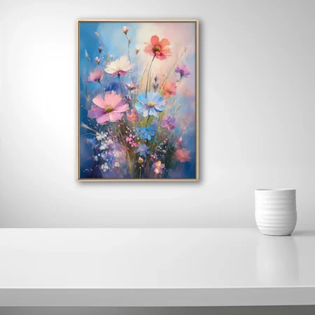 Painterly wildflower composition in pink, coral, and blue with petals on cobalt