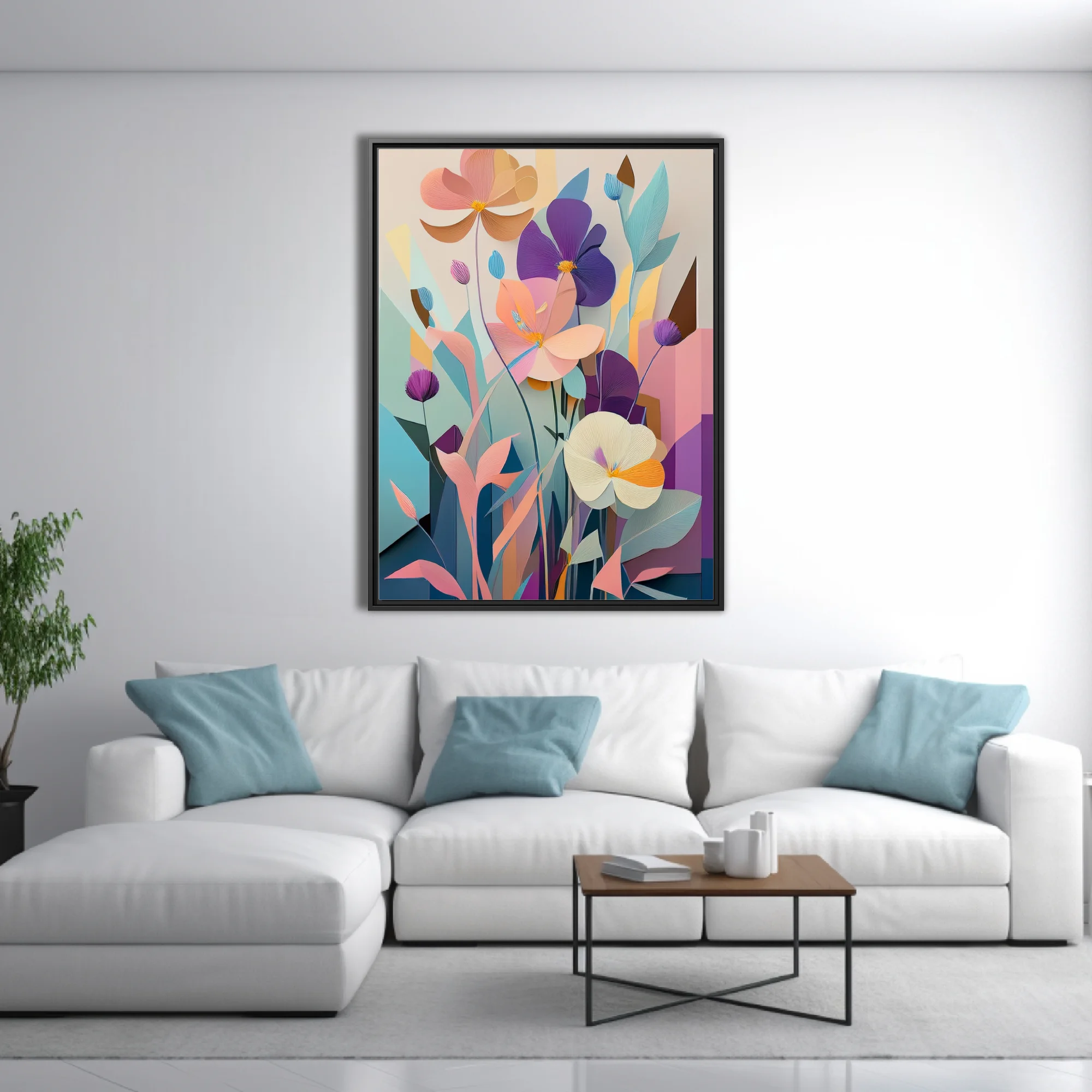 Paper-cut-style abstract floral art in pastel purple, peach and teal tones