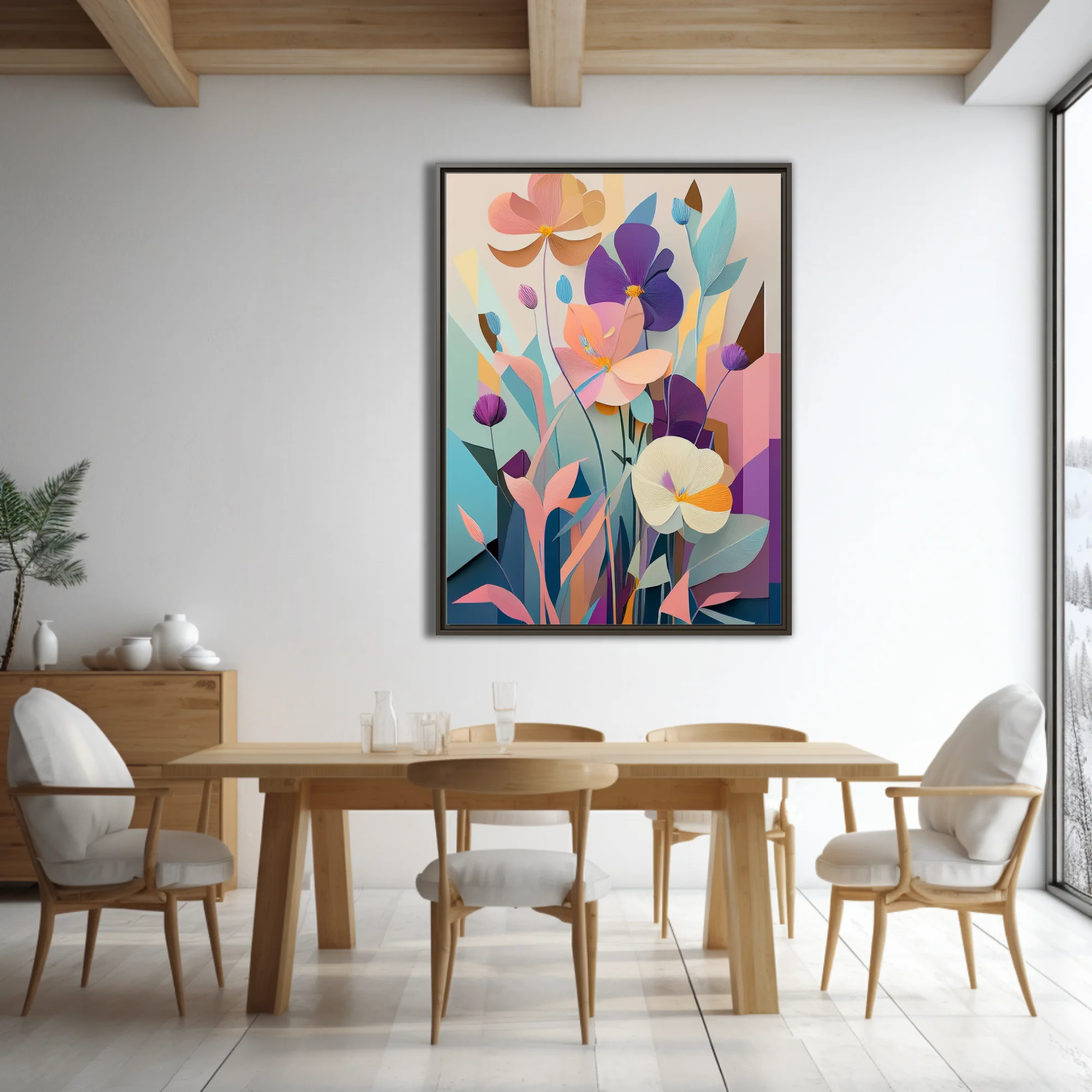 Paper-cut-style abstract floral art in pastel purple, peach and teal tones