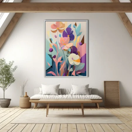 Paper-cut-style abstract floral art in pastel purple, peach and teal tones