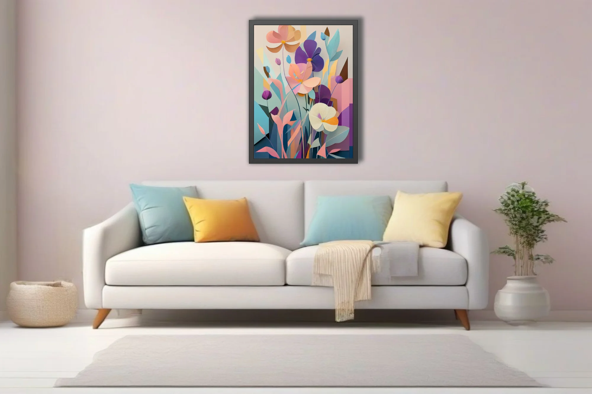 Paper-cut-style abstract floral art in pastel purple, peach and teal tones