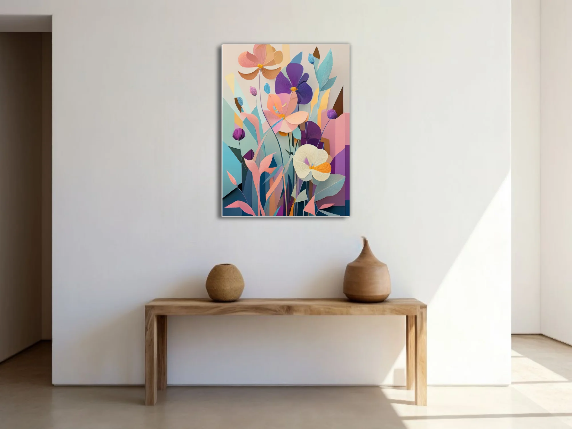 Paper-cut-style abstract floral art in pastel purple, peach and teal tones