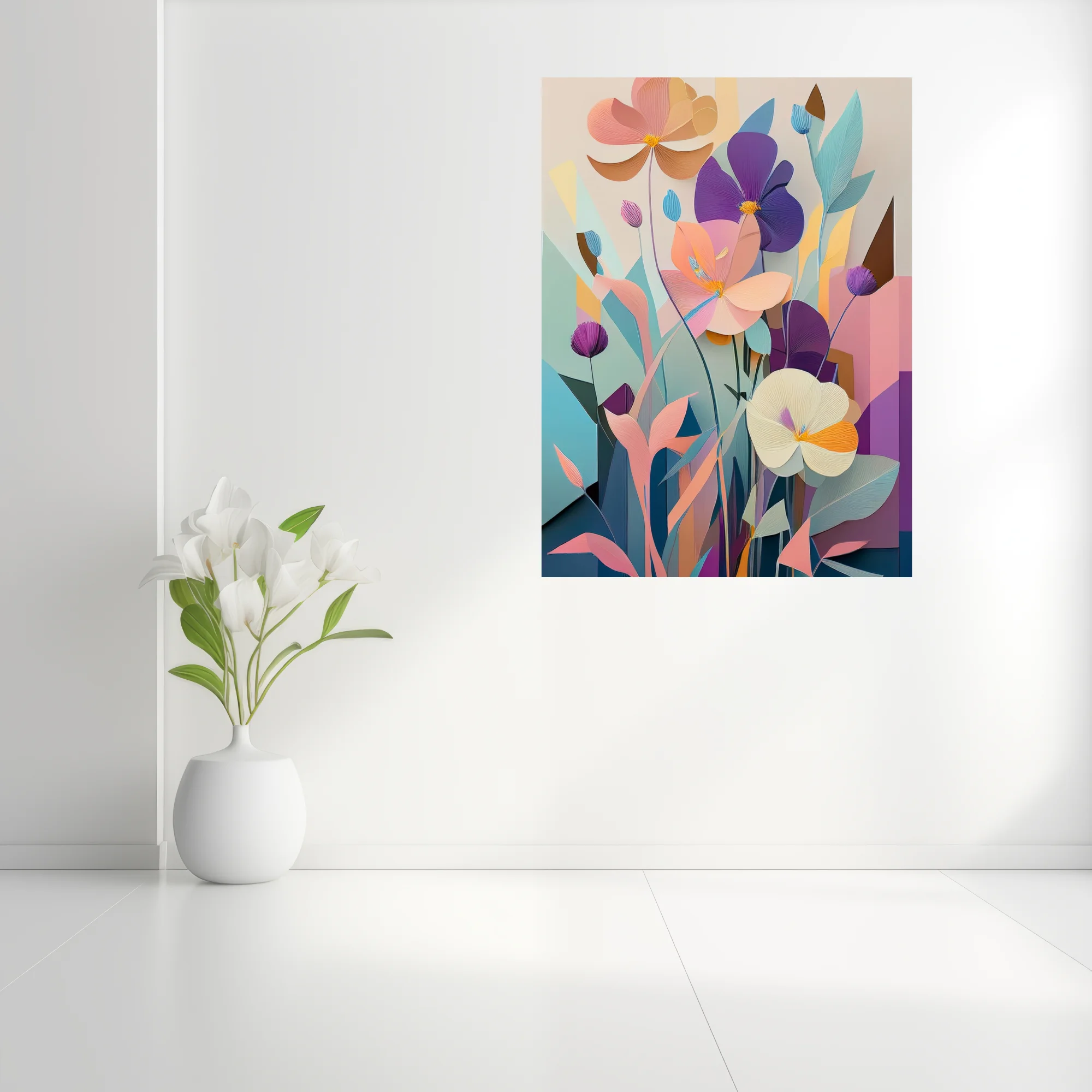 Paper-cut-style abstract floral art in pastel purple, peach and teal tones