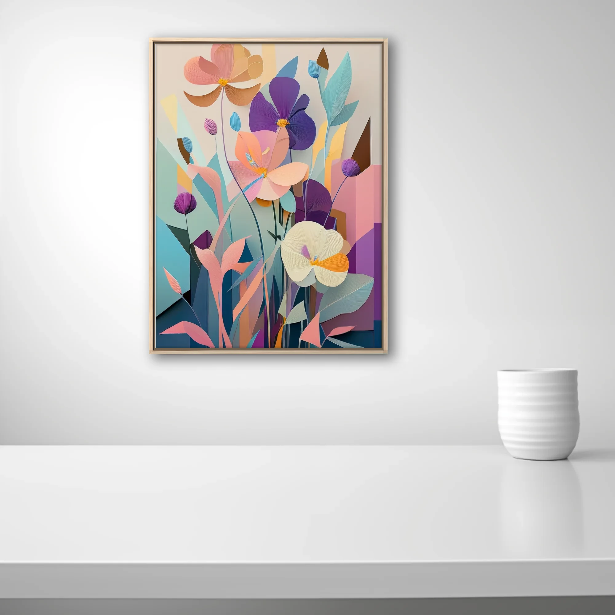 Paper-cut-style abstract floral art in pastel purple, peach and teal tones