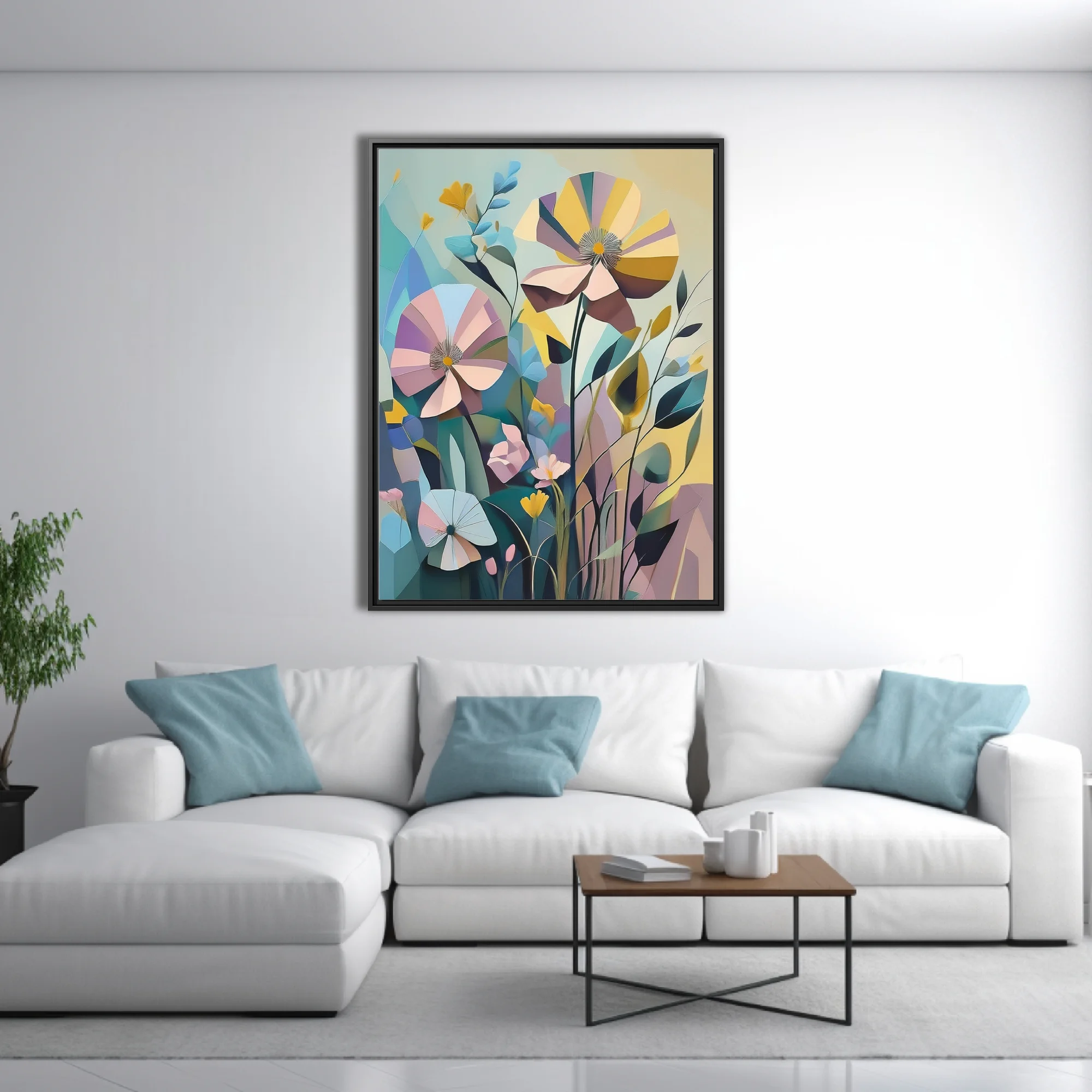 Abstract geometric floral art in pastel blush, yellow, and teal tones