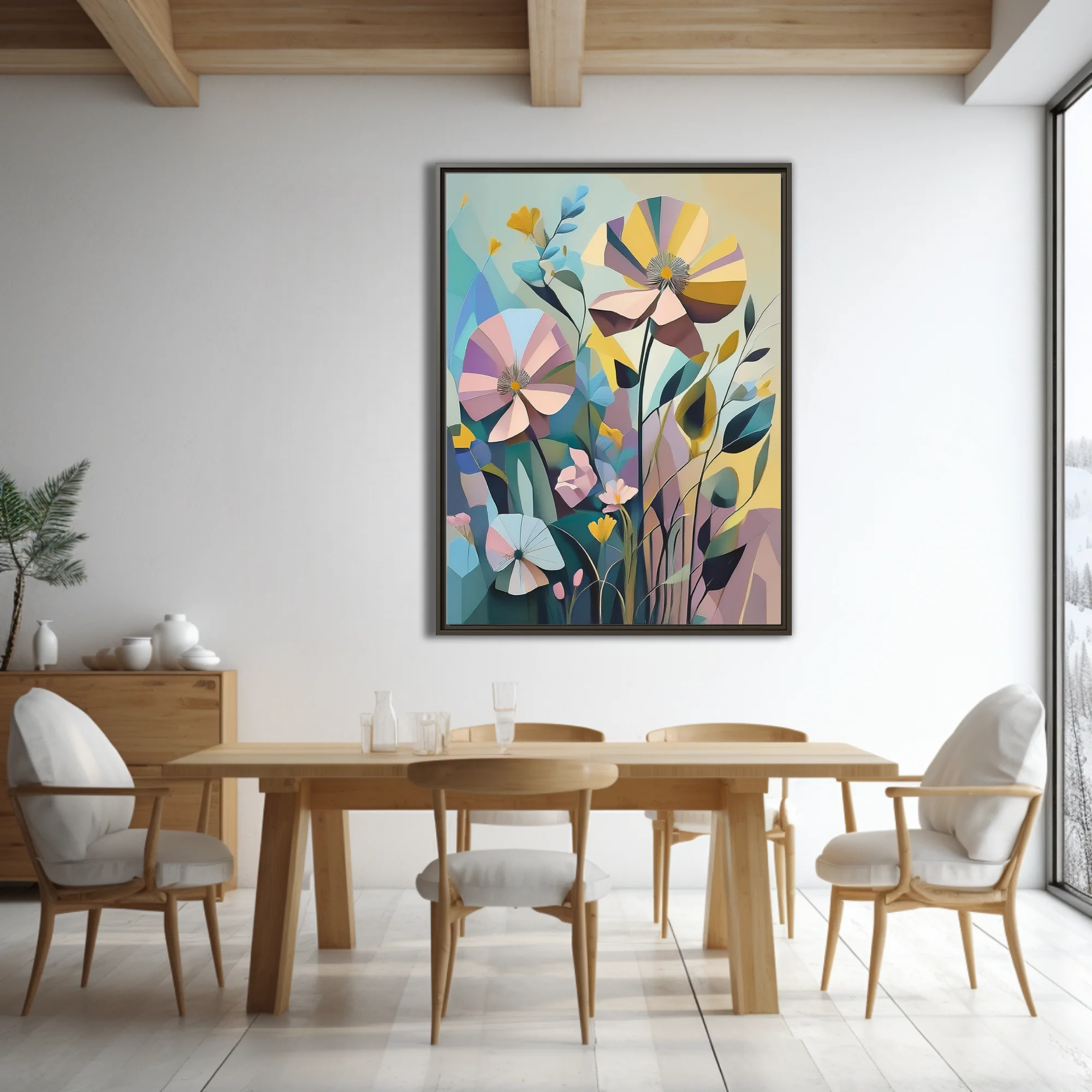 Abstract geometric floral art in pastel blush, yellow, and teal tones