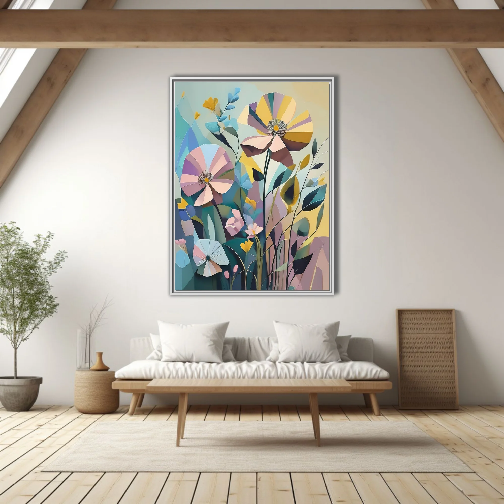 Abstract geometric floral art in pastel blush, yellow, and teal tones