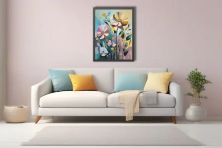 Abstract geometric floral art in pastel blush, yellow, and teal tones