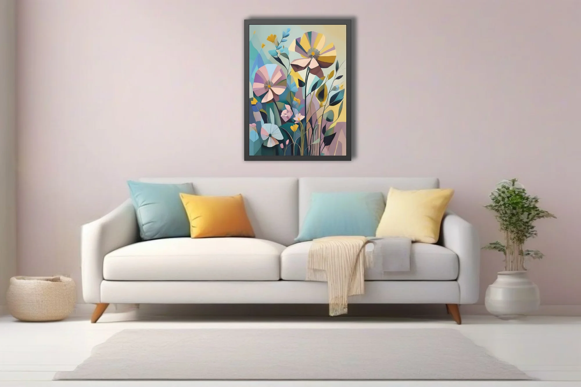 Abstract geometric floral art in pastel blush, yellow, and teal tones