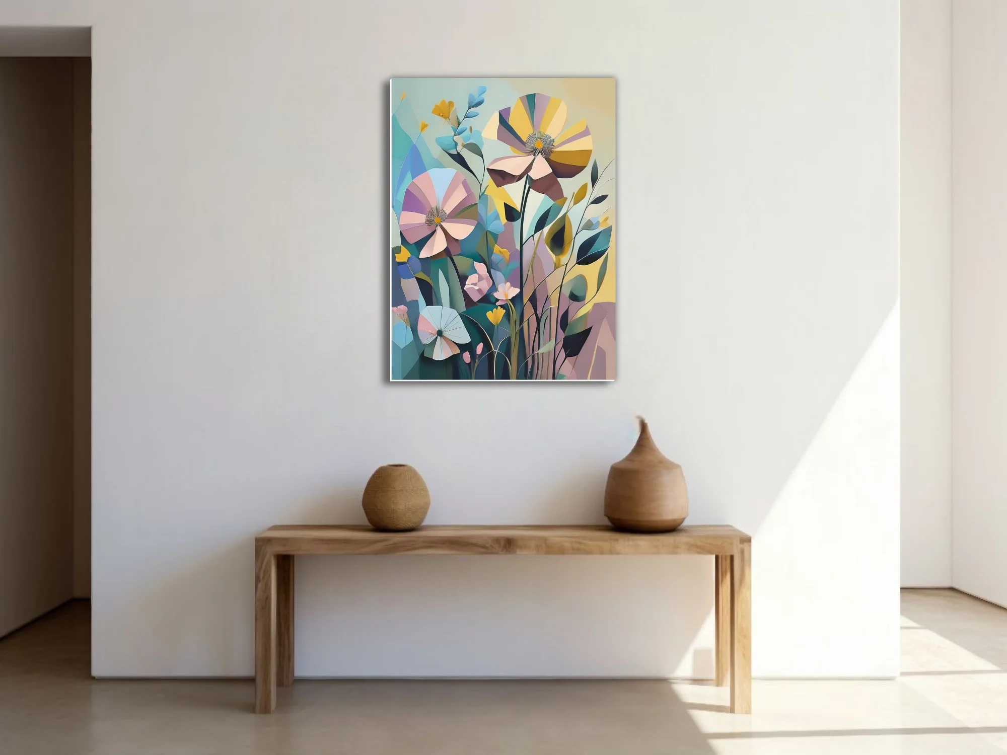 Abstract geometric floral art in pastel blush, yellow, and teal tones
