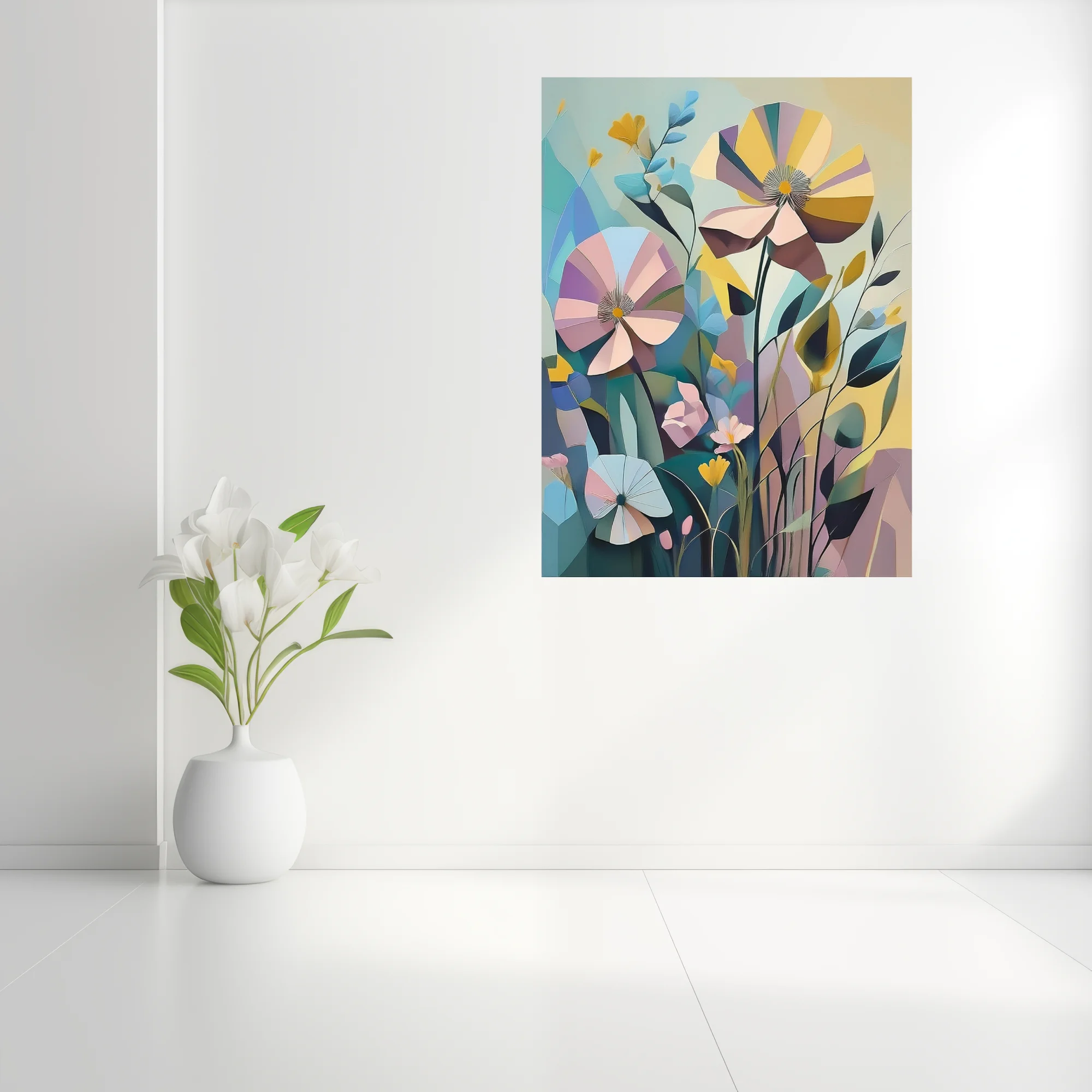 Abstract geometric floral art in pastel blush, yellow, and teal tones