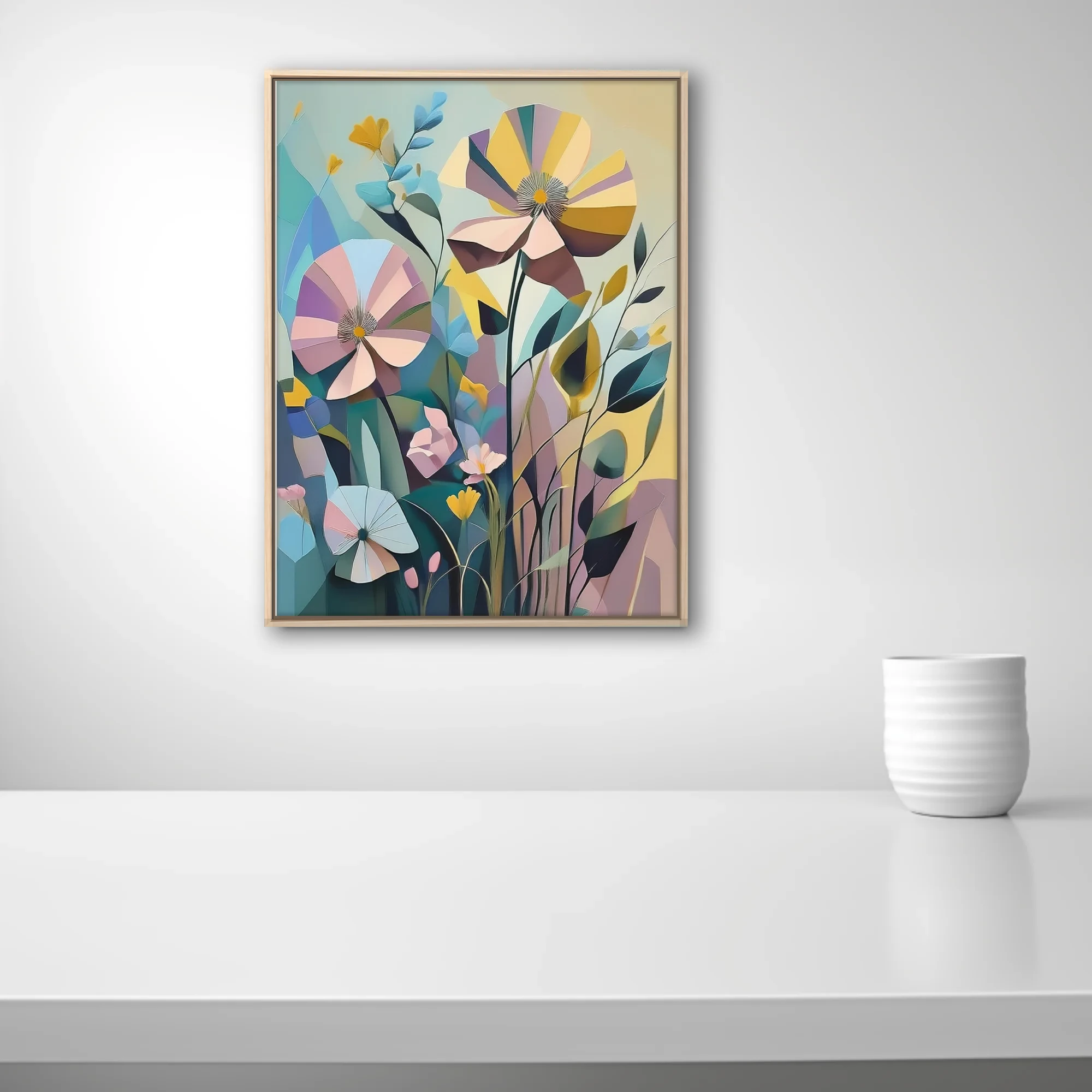 Abstract geometric floral art in pastel blush, yellow, and teal tones