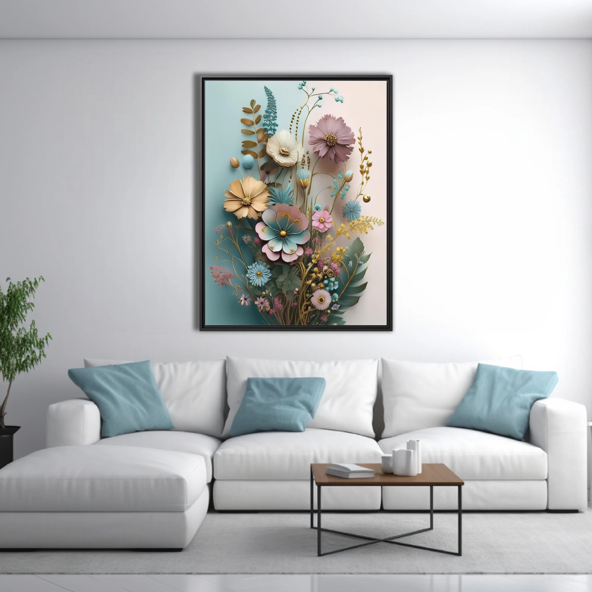 Pastel botanical fantasy art print with gold accents, mixed wildflowers, soft pink and teal tones