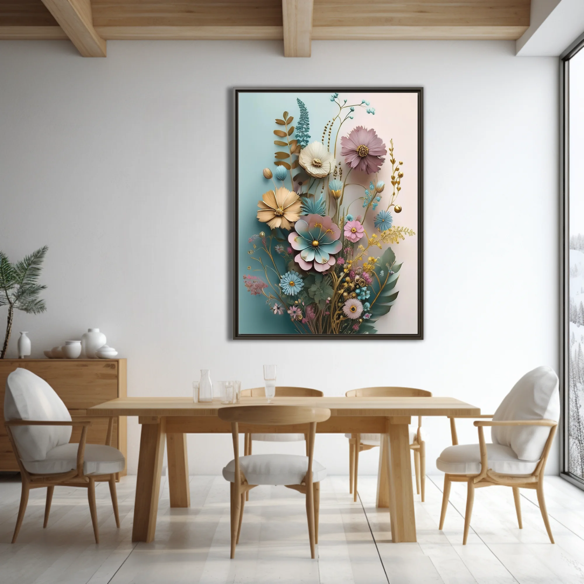Pastel botanical fantasy art print with gold accents, mixed wildflowers, soft pink and teal tones