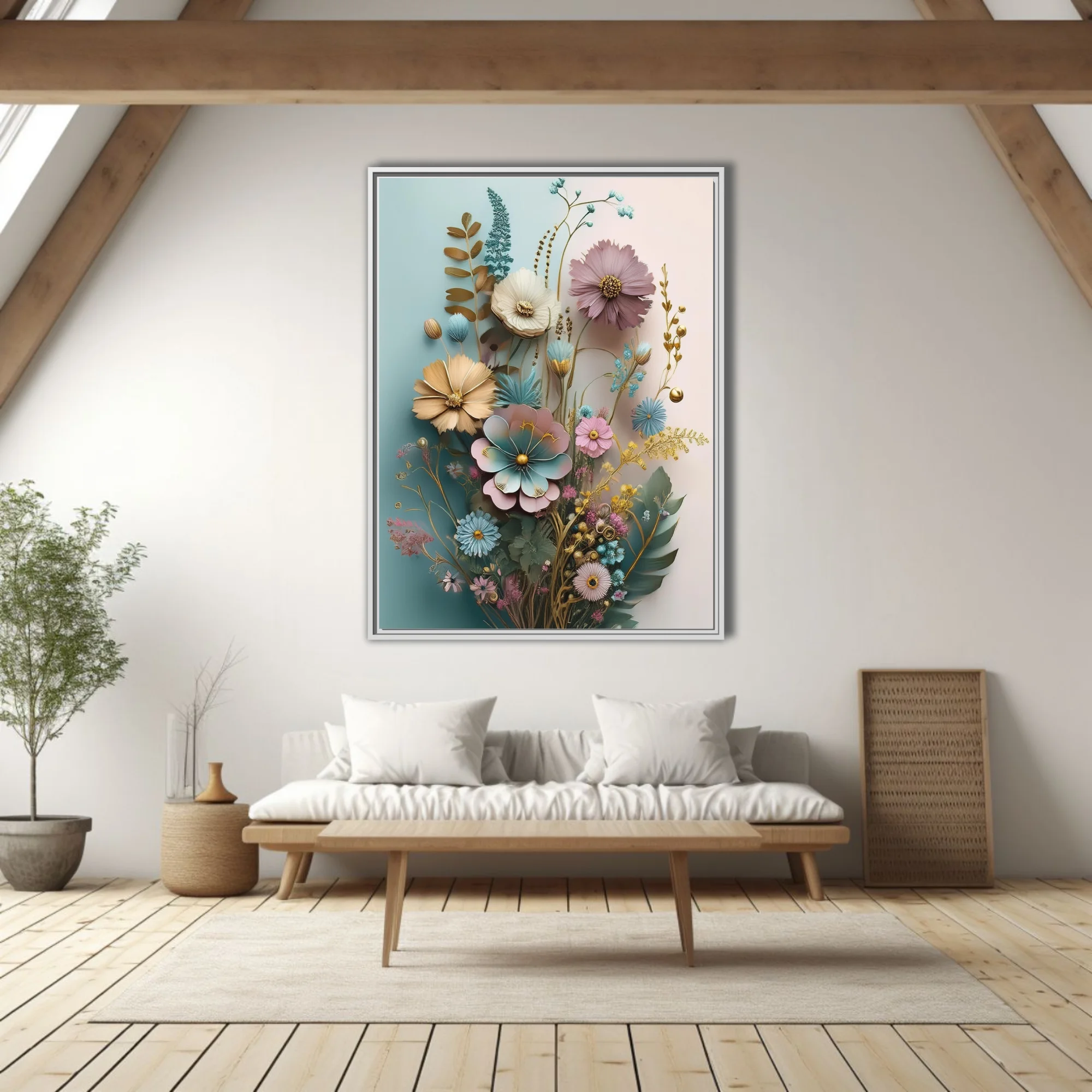 Pastel botanical fantasy art print with gold accents, mixed wildflowers, soft pink and teal tones
