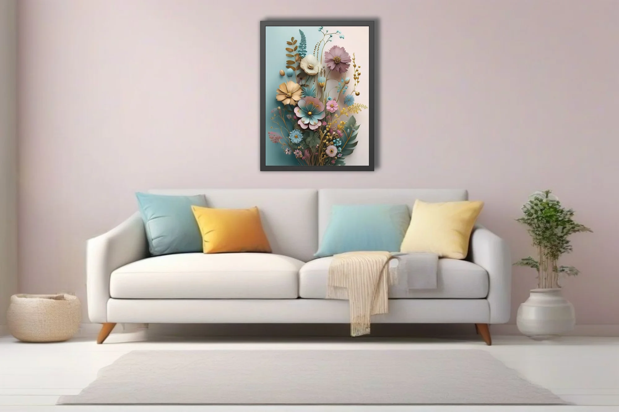 Pastel botanical fantasy art print with gold accents, mixed wildflowers, soft pink and teal tones