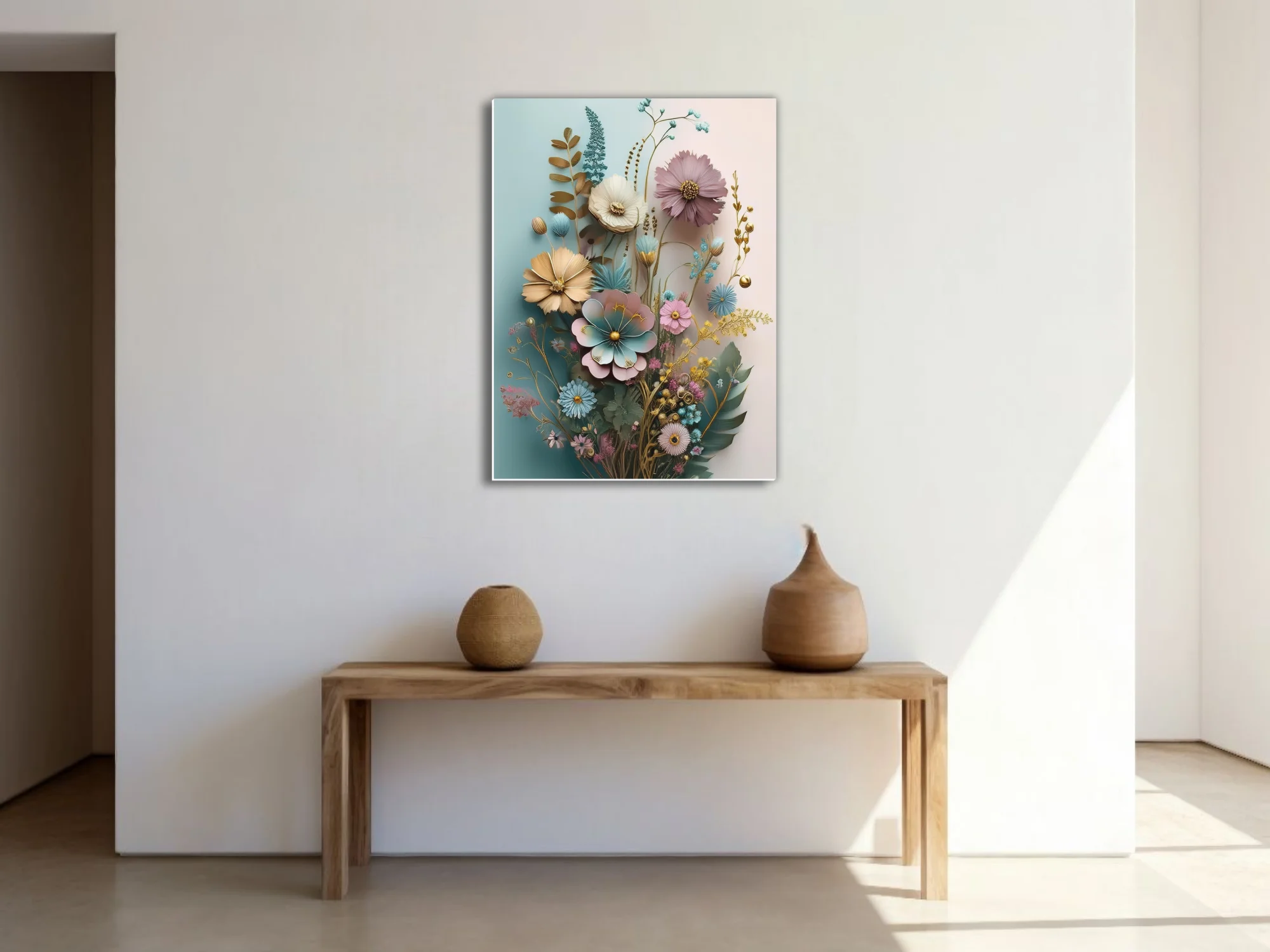 Pastel botanical fantasy art print with gold accents, mixed wildflowers, soft pink and teal tones