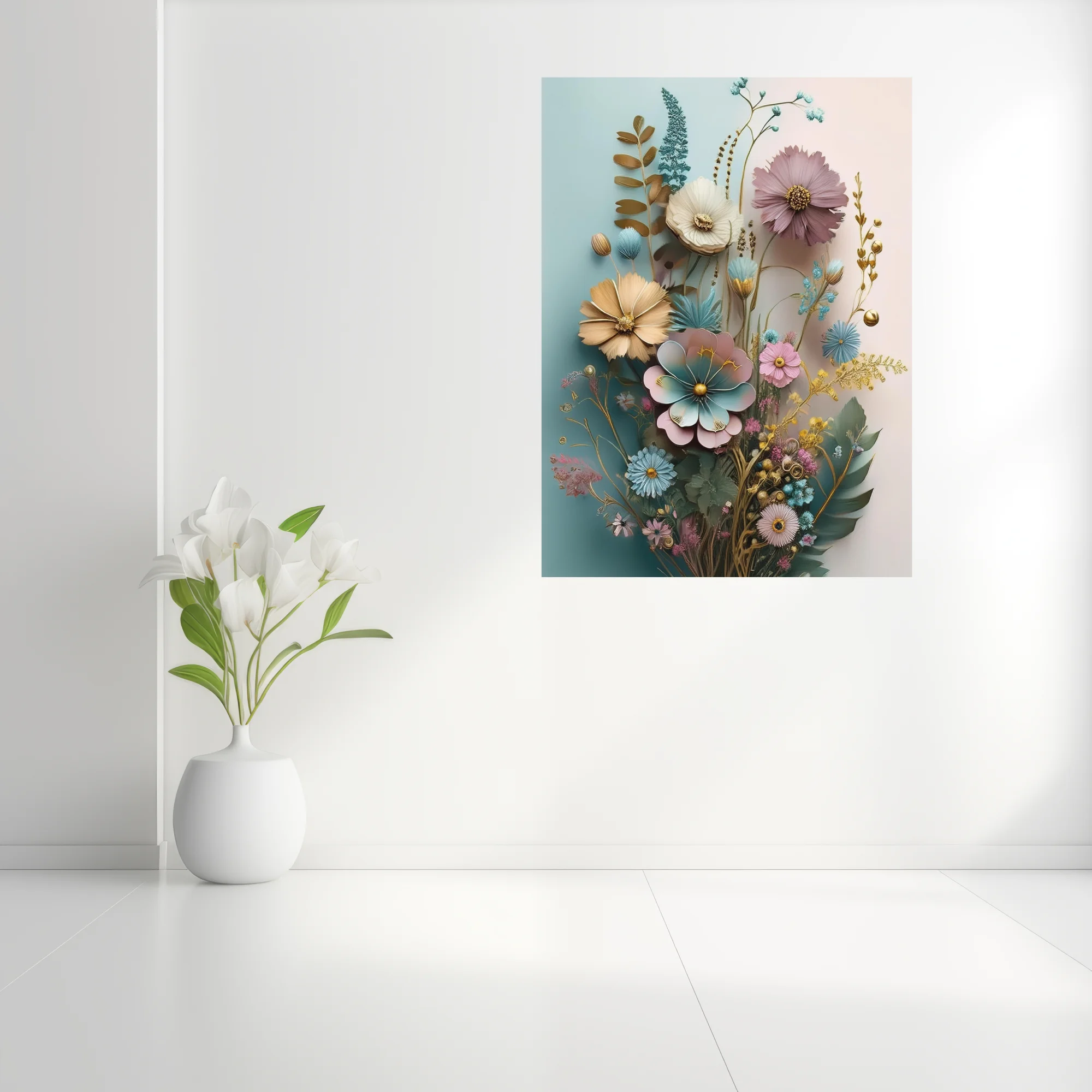 Pastel botanical fantasy art print with gold accents, mixed wildflowers, soft pink and teal tones