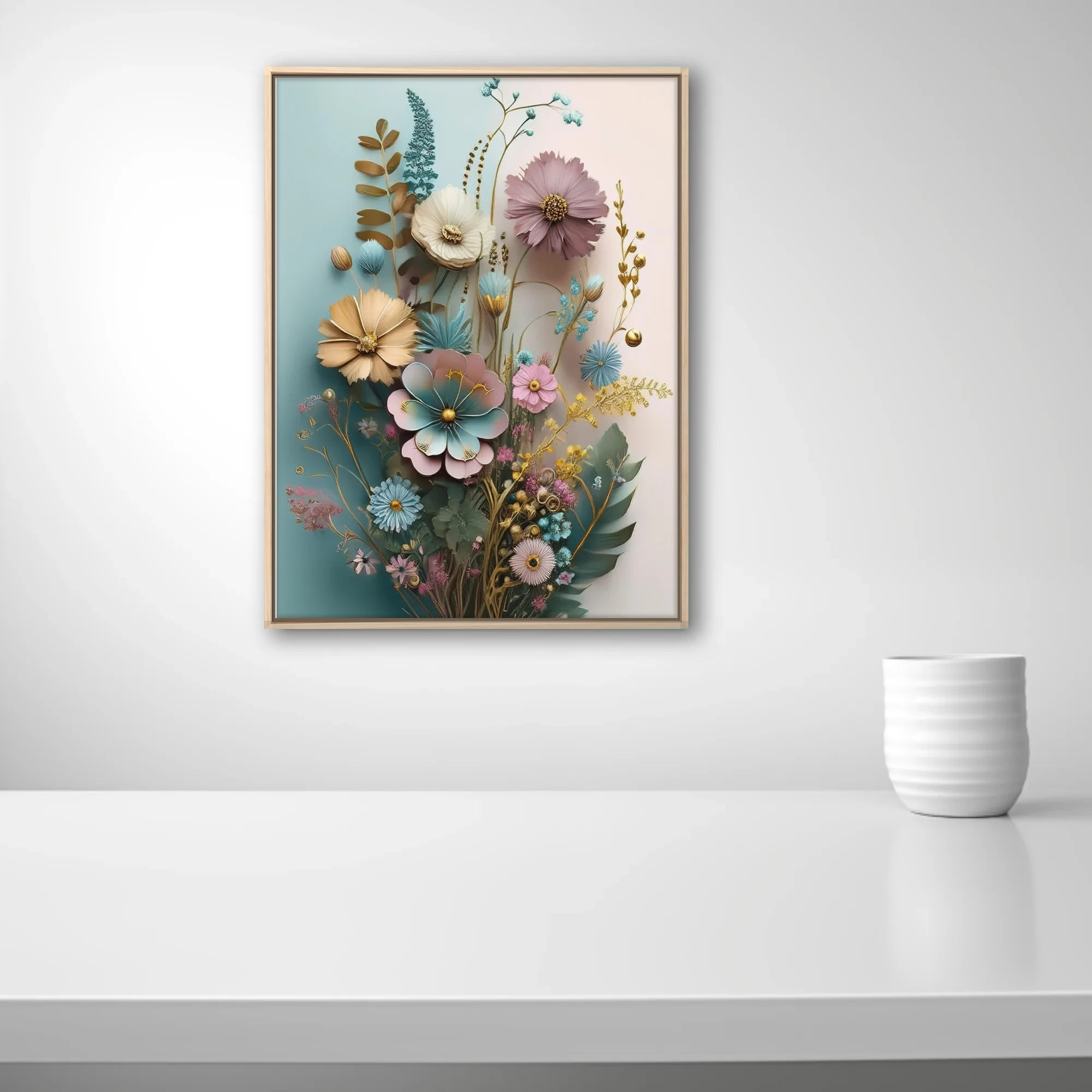 Pastel botanical fantasy art print with gold accents, mixed wildflowers, soft pink and teal tones