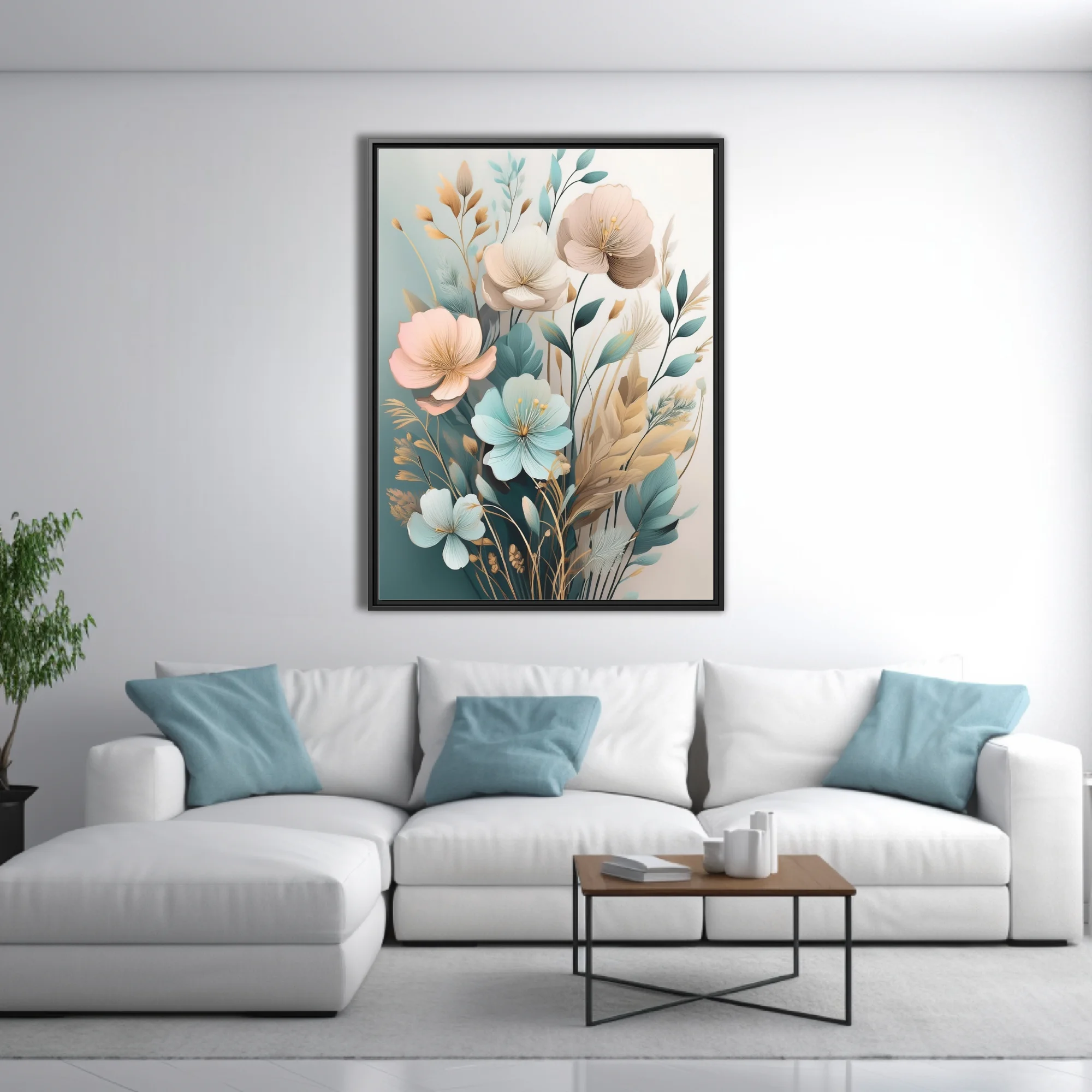 Boho botanical floral art pastel teal blush and gold watercolor-style print