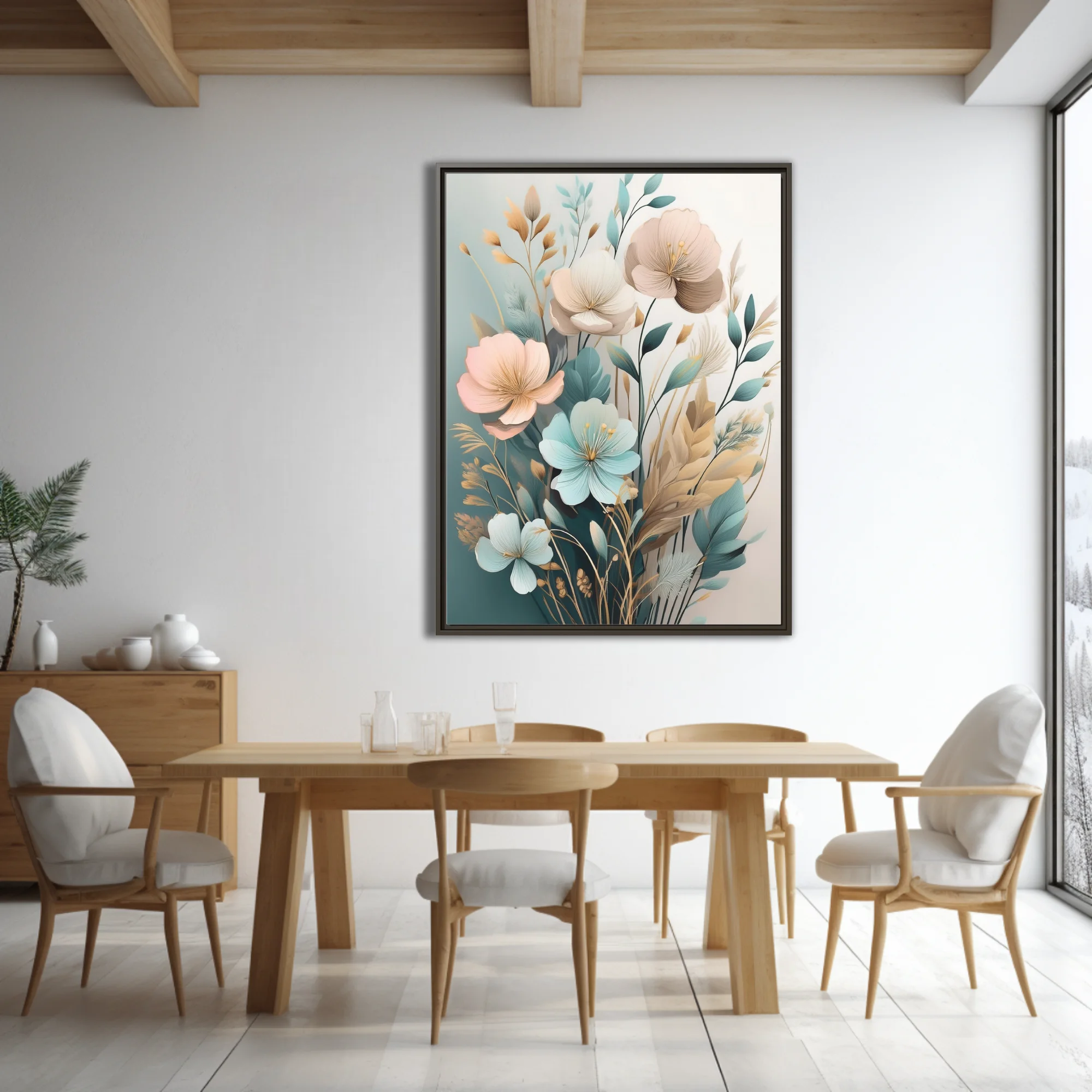Boho botanical floral art pastel teal blush and gold watercolor-style print