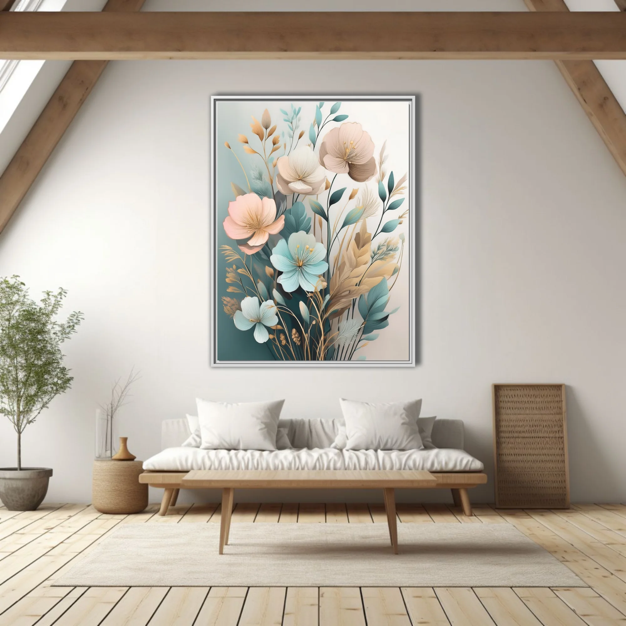 Boho botanical floral art pastel teal blush and gold watercolor-style print
