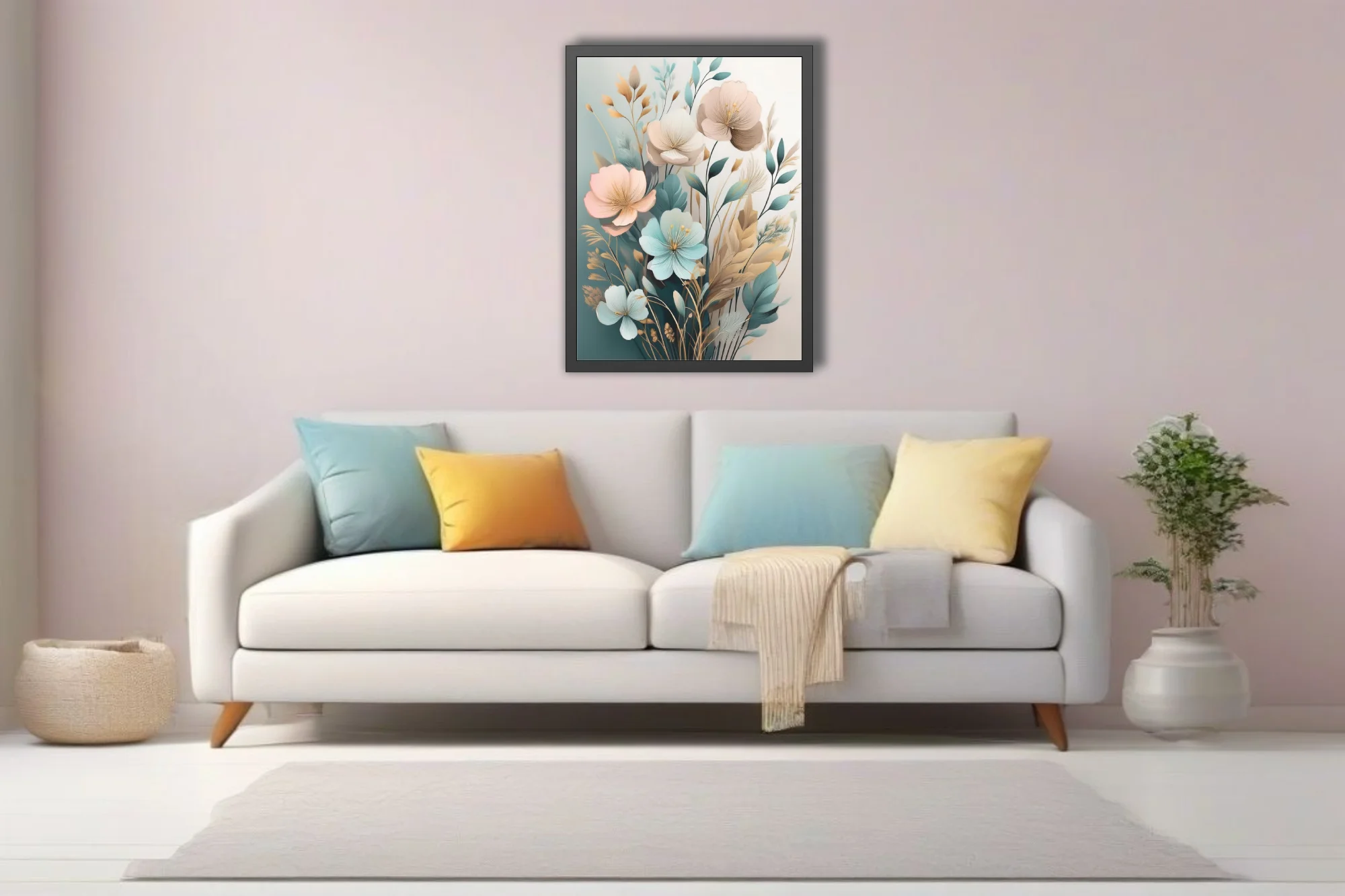 Boho botanical floral art pastel teal blush and gold watercolor-style print