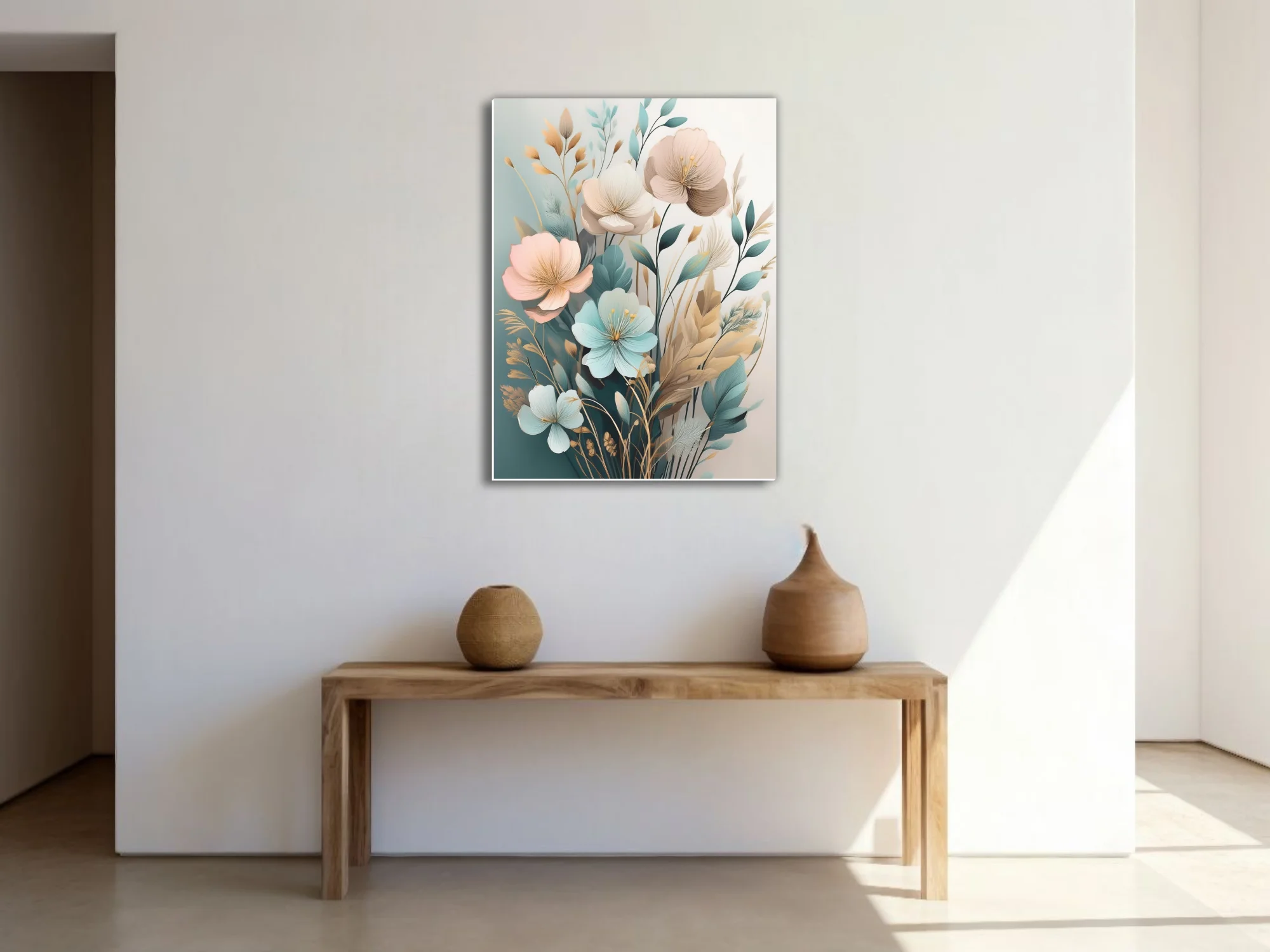 Boho botanical floral art pastel teal blush and gold watercolor-style print