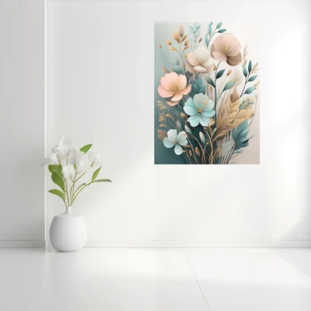 Boho botanical floral art pastel teal blush and gold watercolor-style print