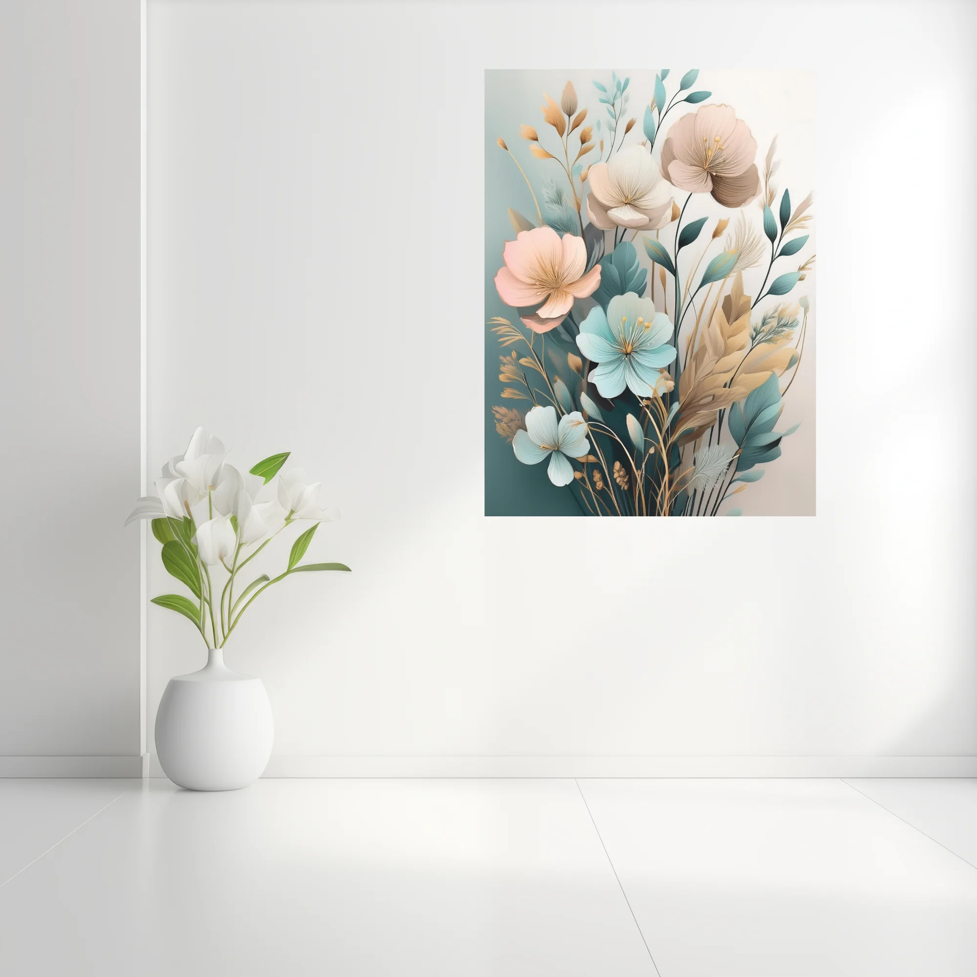Boho botanical floral art pastel teal blush and gold watercolor-style print