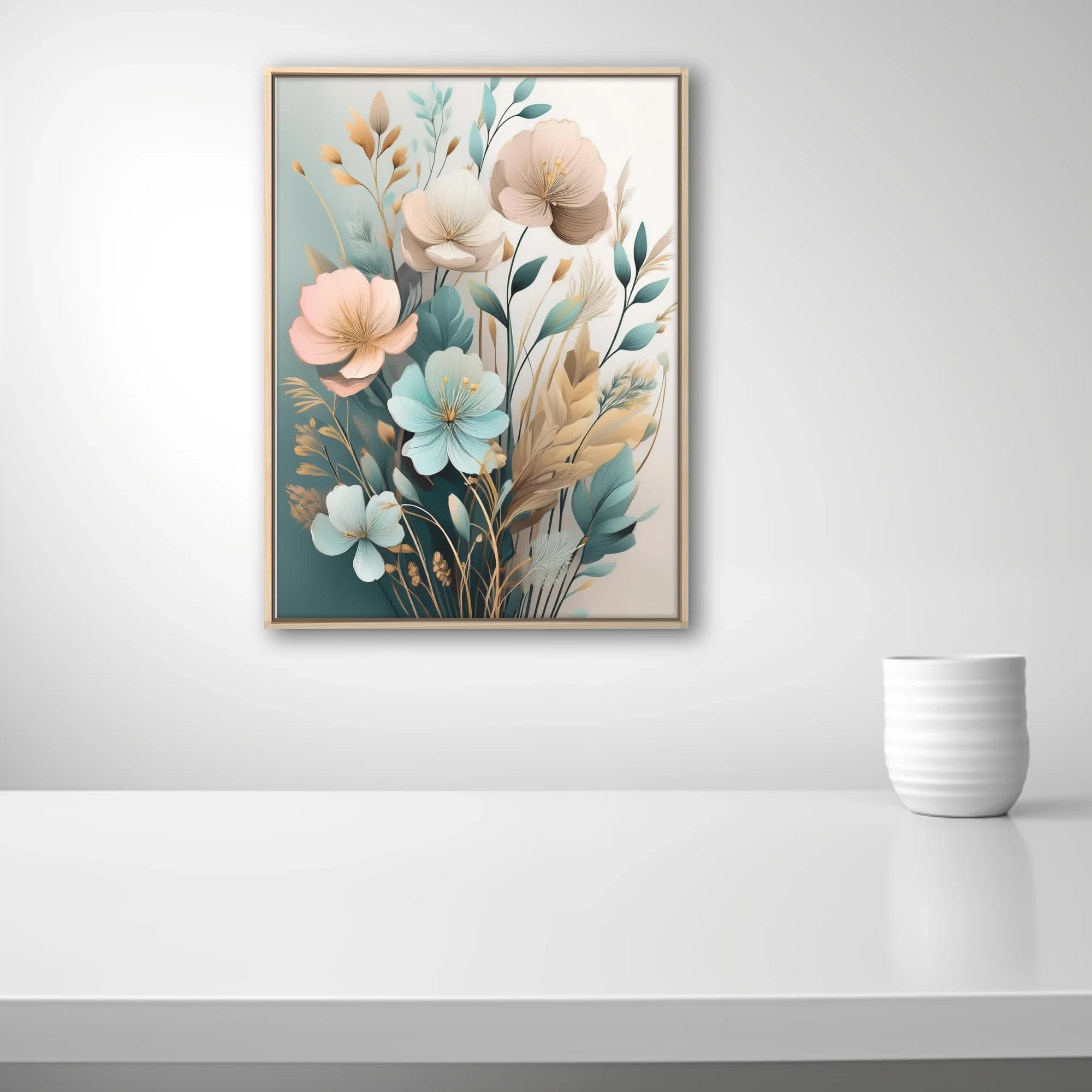 Boho botanical floral art pastel teal blush and gold watercolor-style print