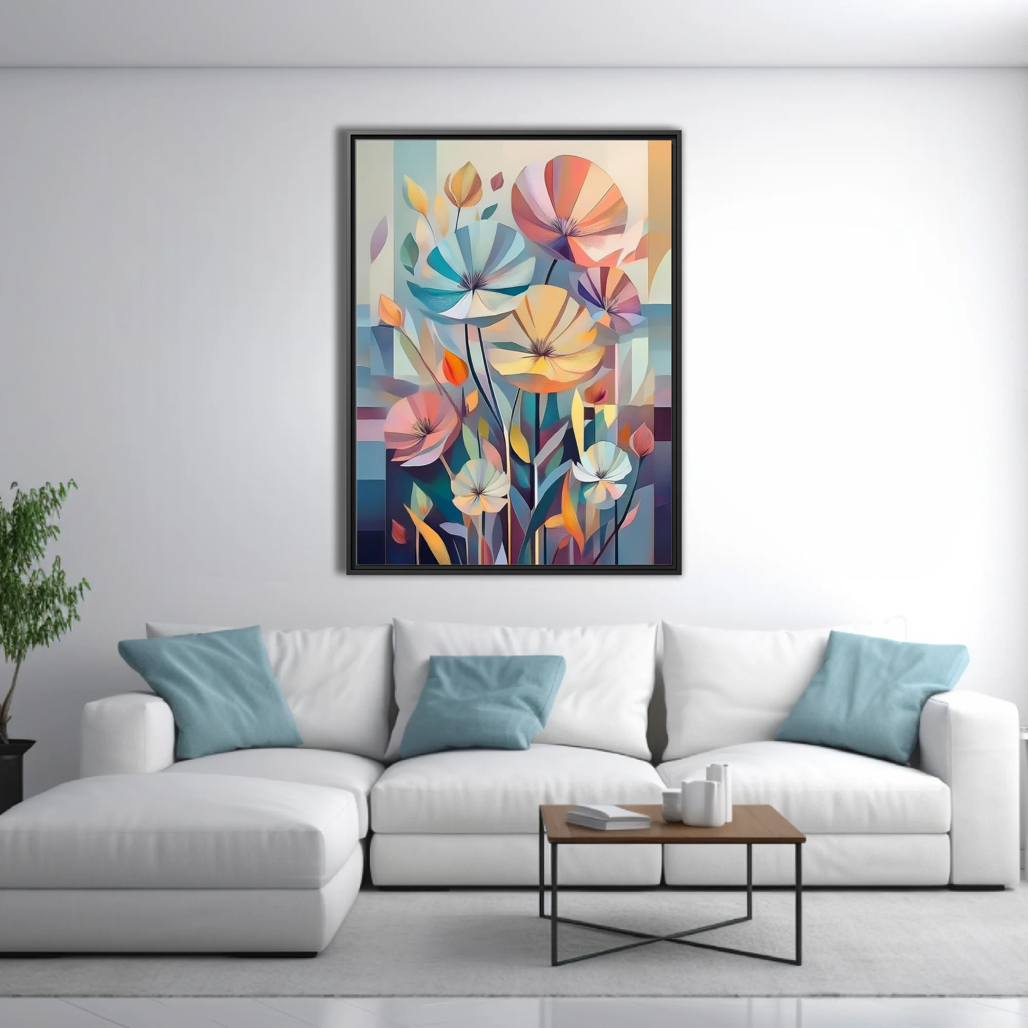 Mid-century modern abstract floral art, pastel tones geometric petals