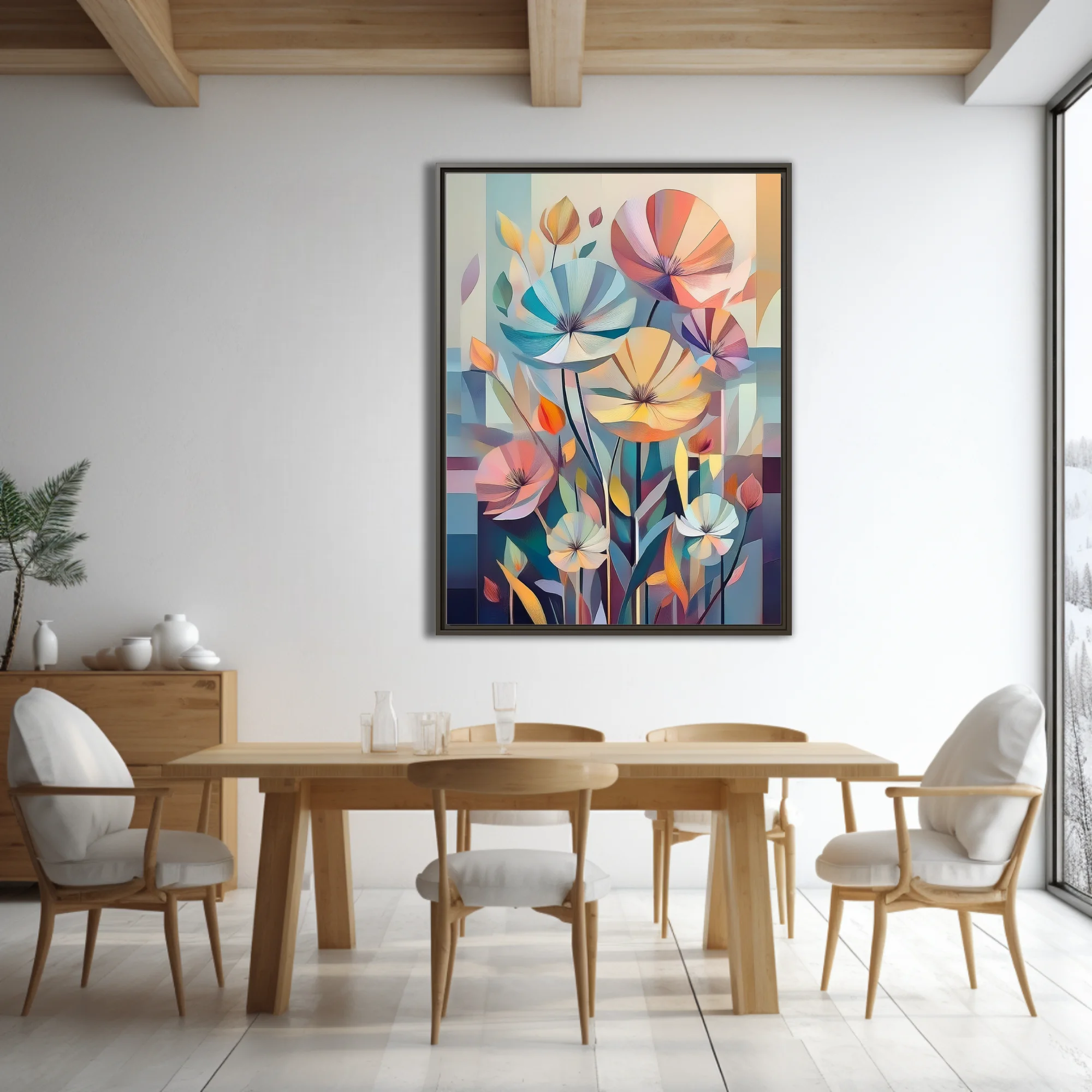 Mid-century modern abstract floral art, pastel tones geometric petals