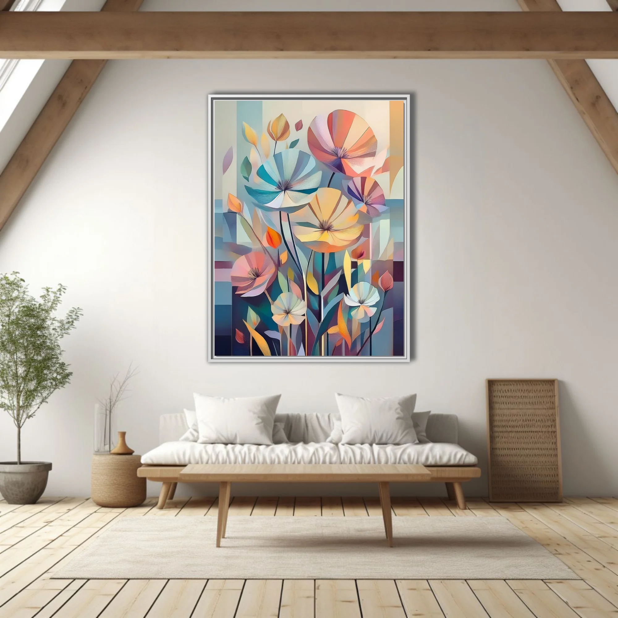Mid-century modern abstract floral art, pastel tones geometric petals