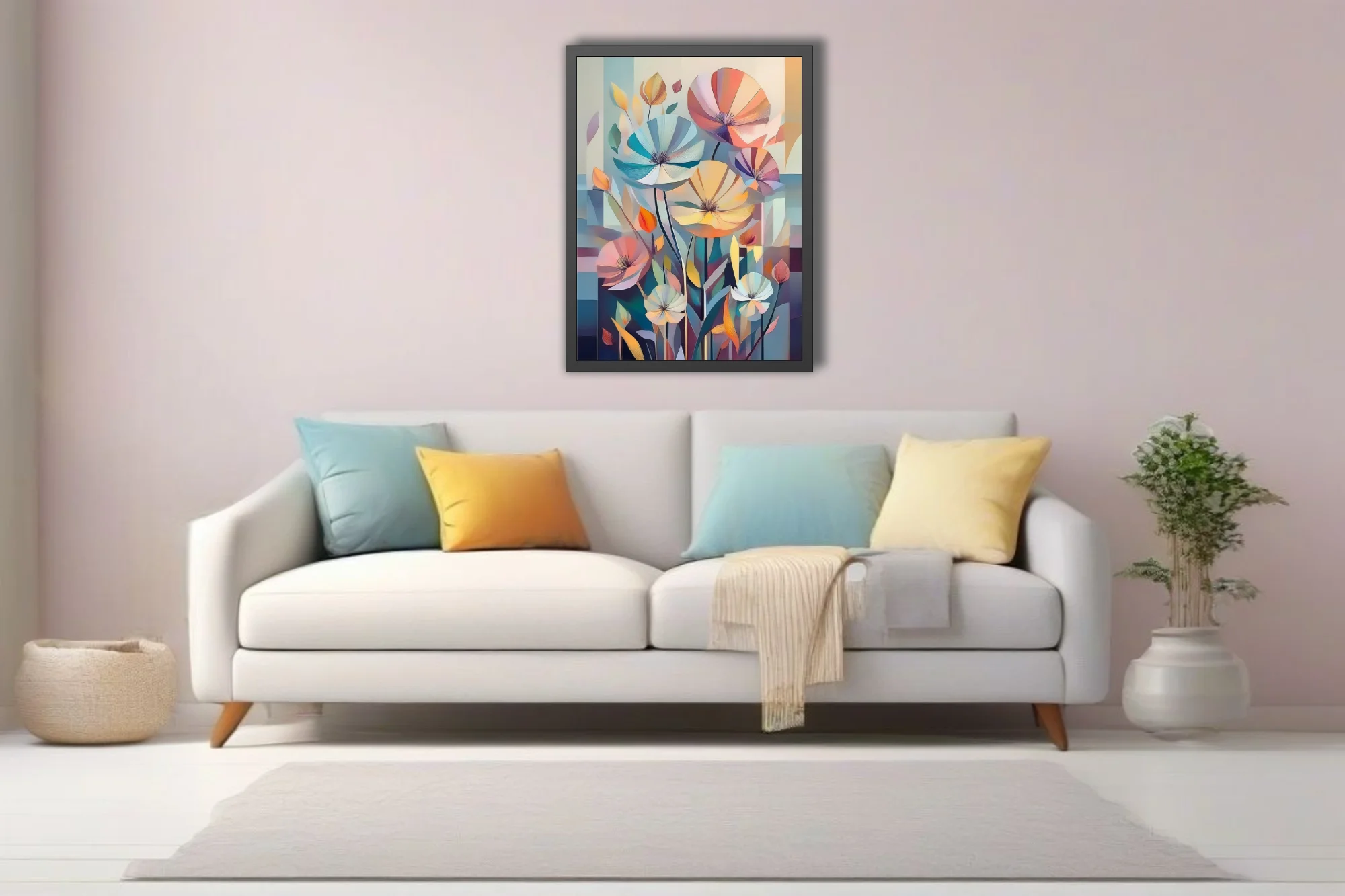Mid-century modern abstract floral art, pastel tones geometric petals