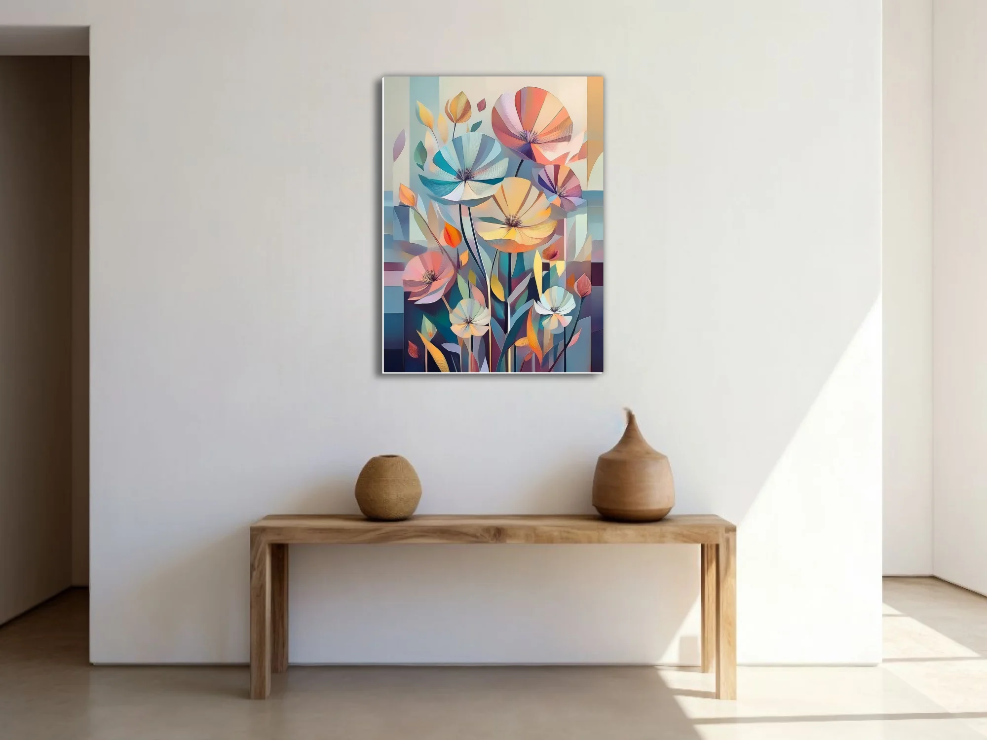 Mid-century modern abstract floral art, pastel tones geometric petals
