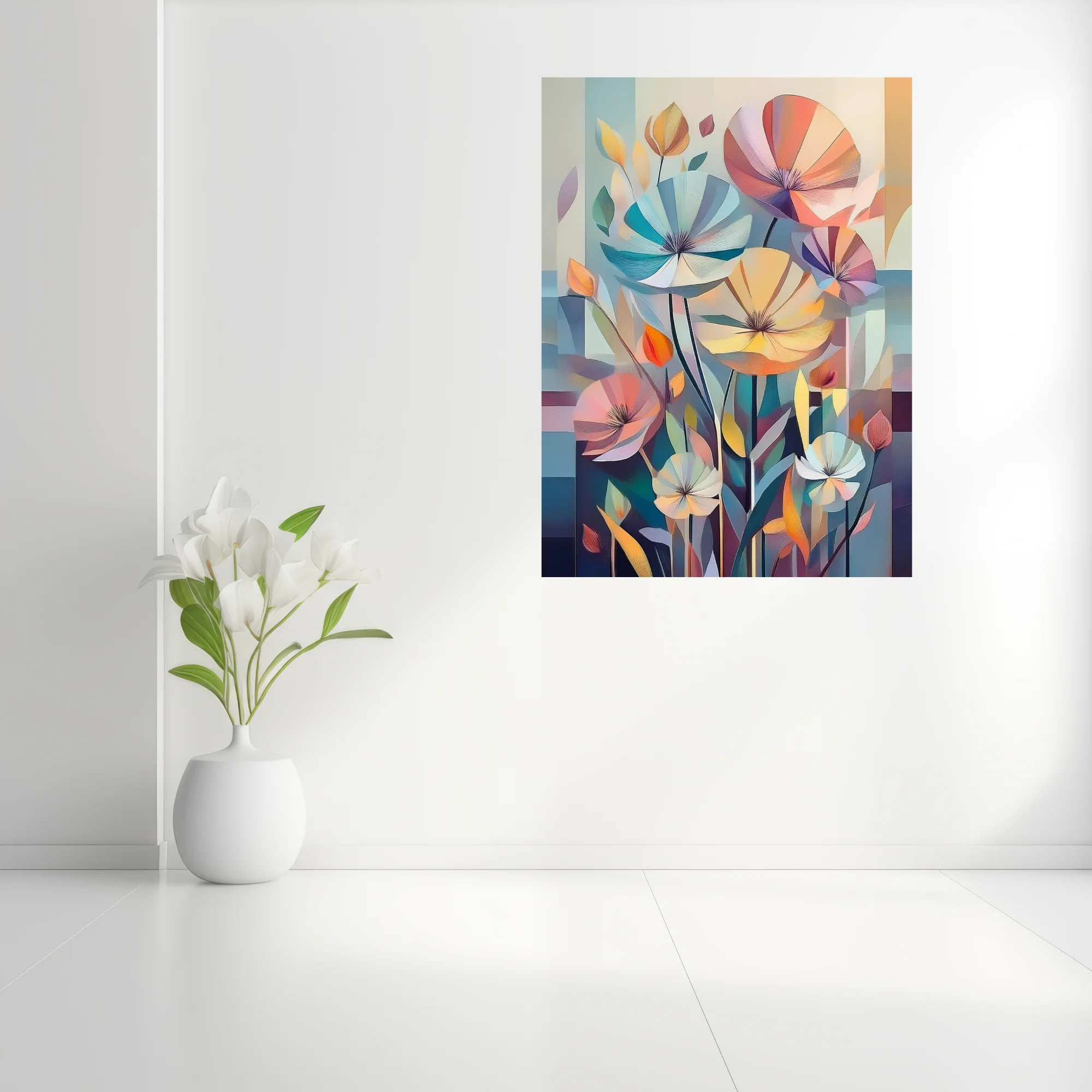 Mid-century modern abstract floral art, pastel tones geometric petals