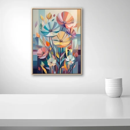 Mid-century modern abstract floral art, pastel tones geometric petals