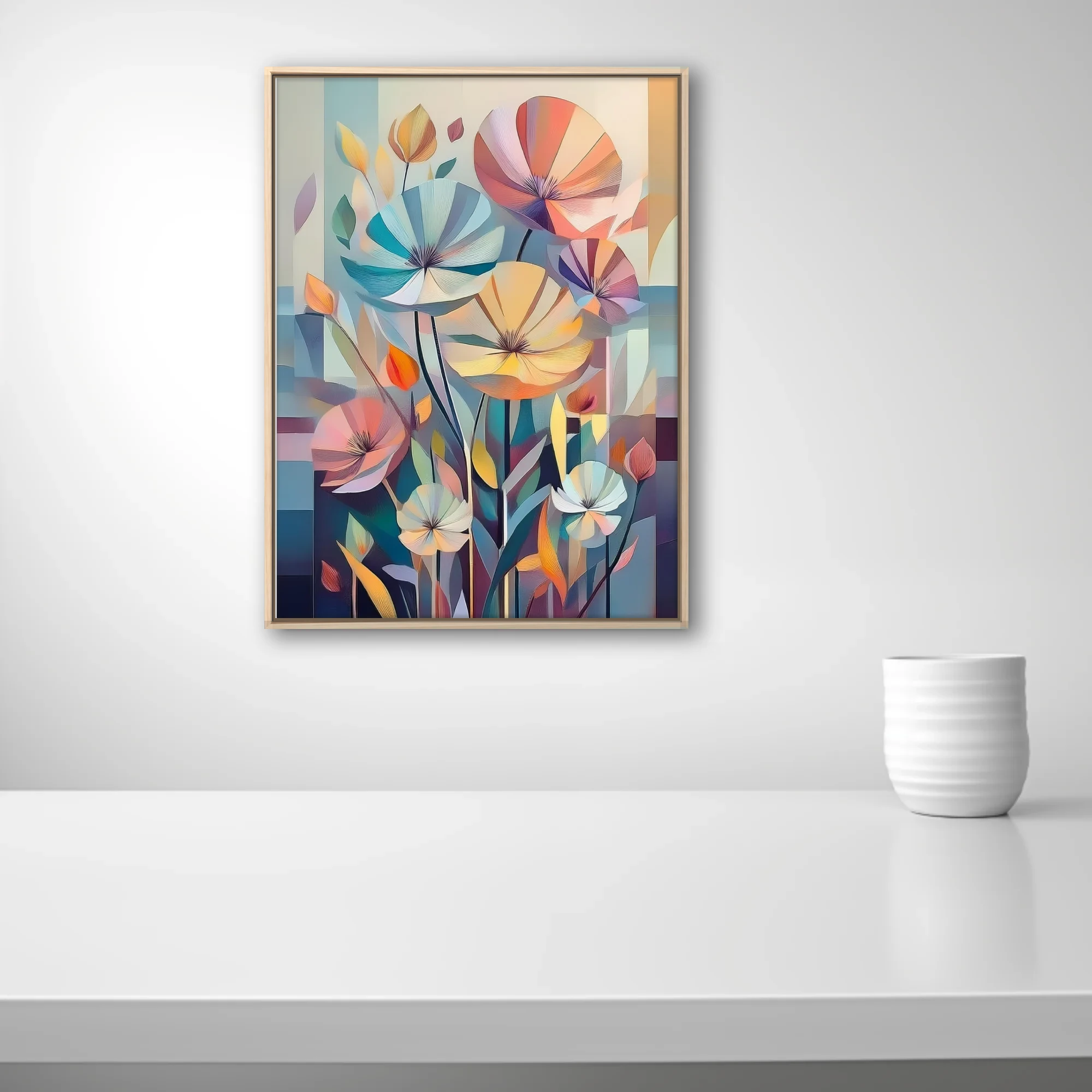 Mid-century modern abstract floral art, pastel tones geometric petals