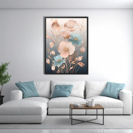Decorative abstract floral art, blush pink and blue petals with gold line details