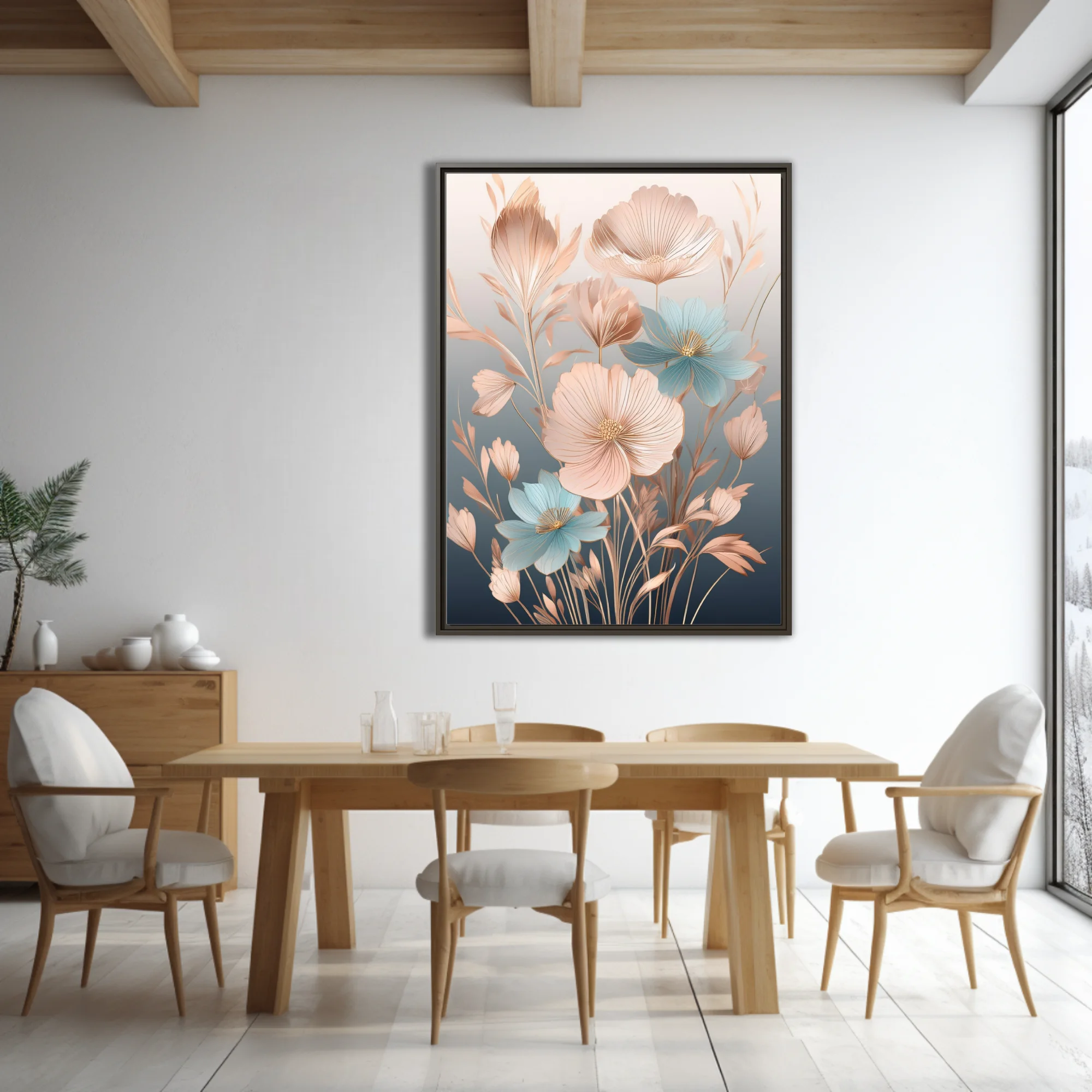 Decorative abstract floral art, blush pink and blue petals with gold line details