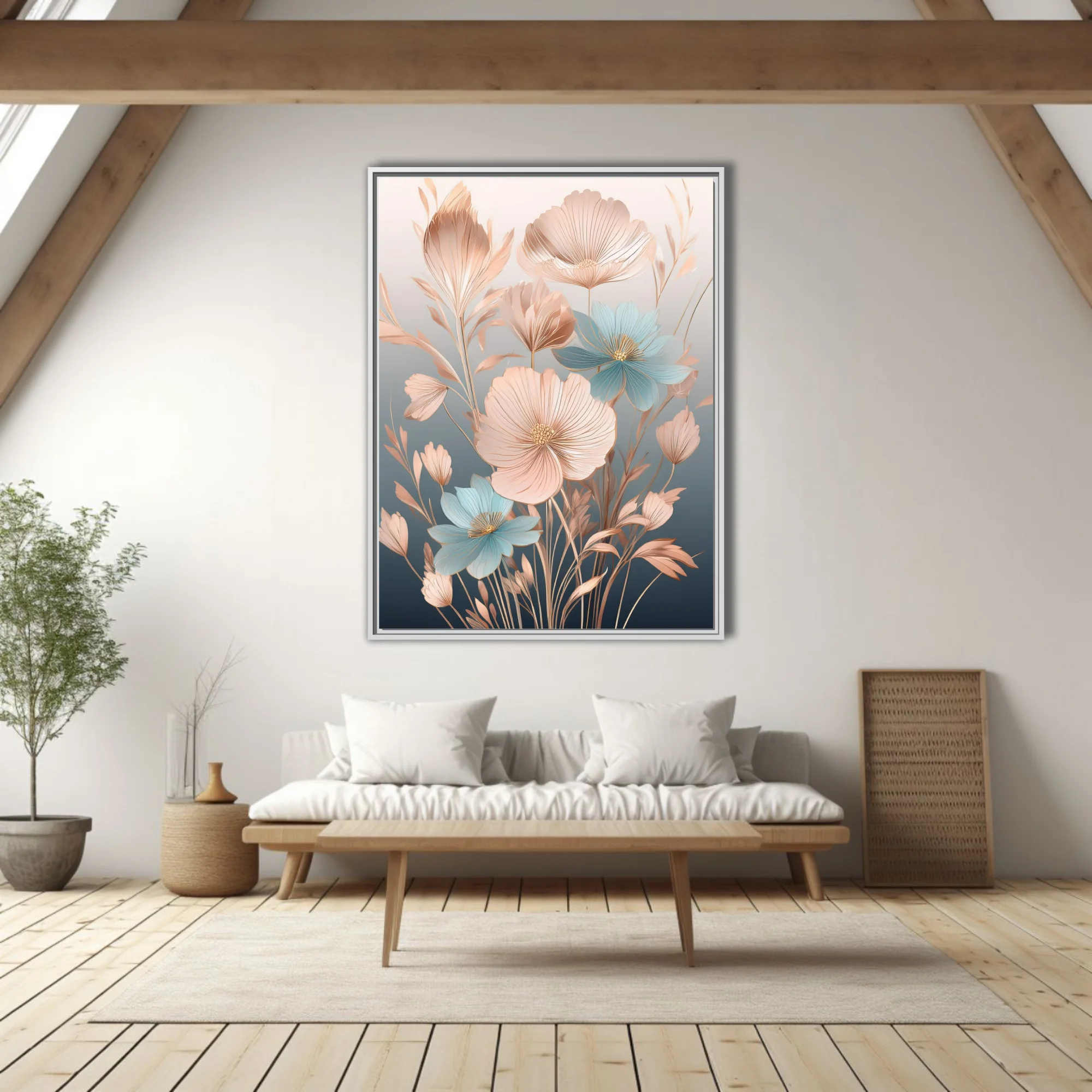 Decorative abstract floral art, blush pink and blue petals with gold line details