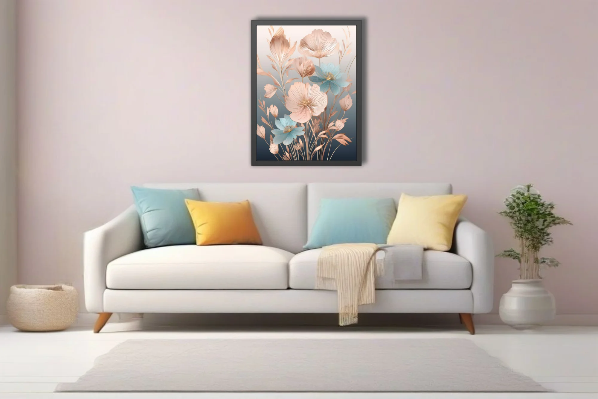 Decorative abstract floral art, blush pink and blue petals with gold line details