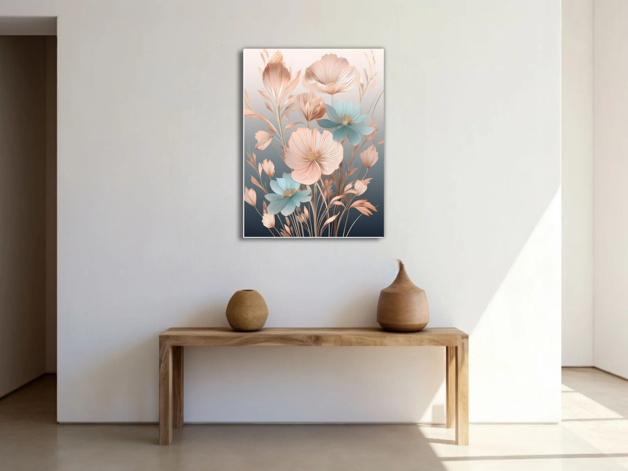 Decorative abstract floral art, blush pink and blue petals with gold line details