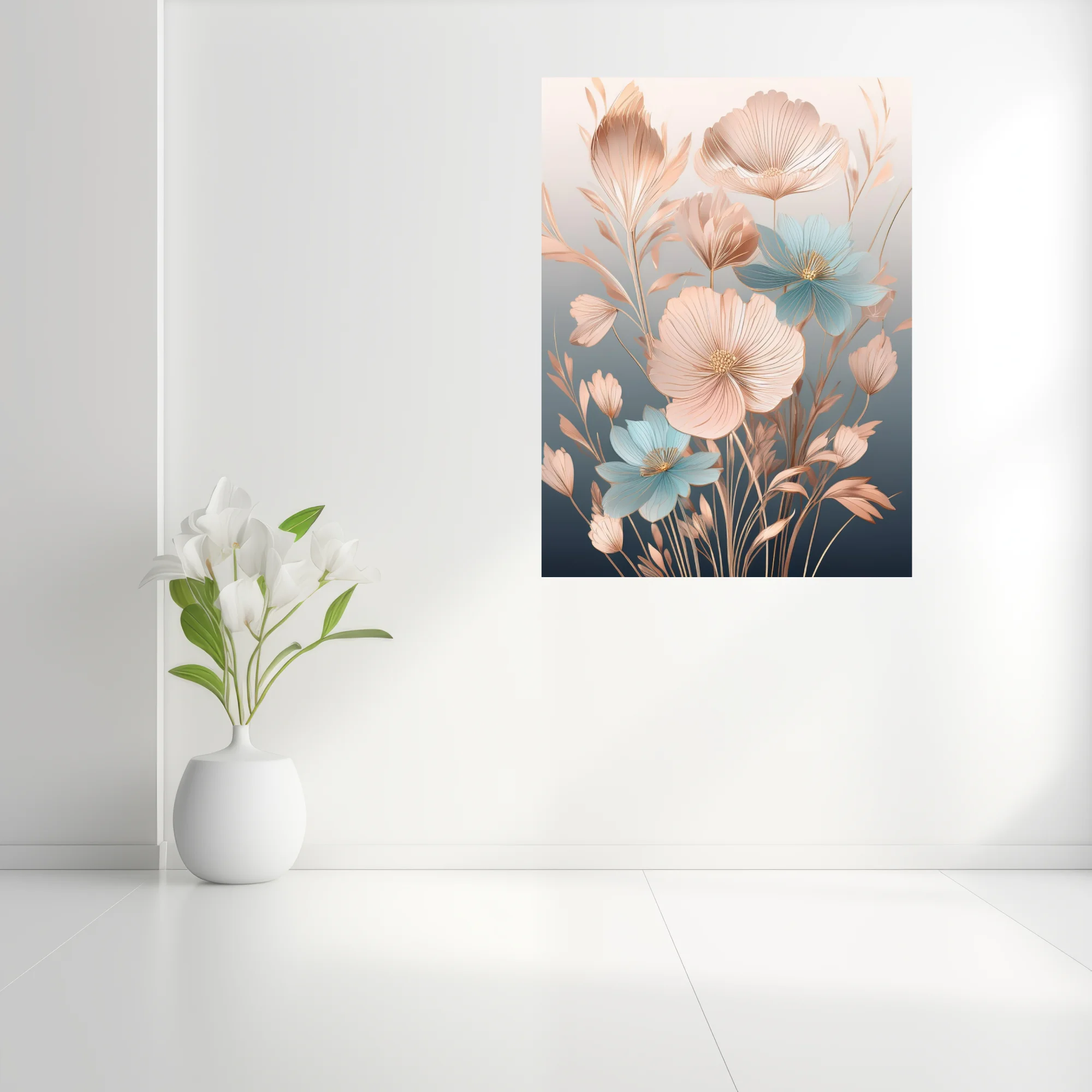 Decorative abstract floral art, blush pink and blue petals with gold line details