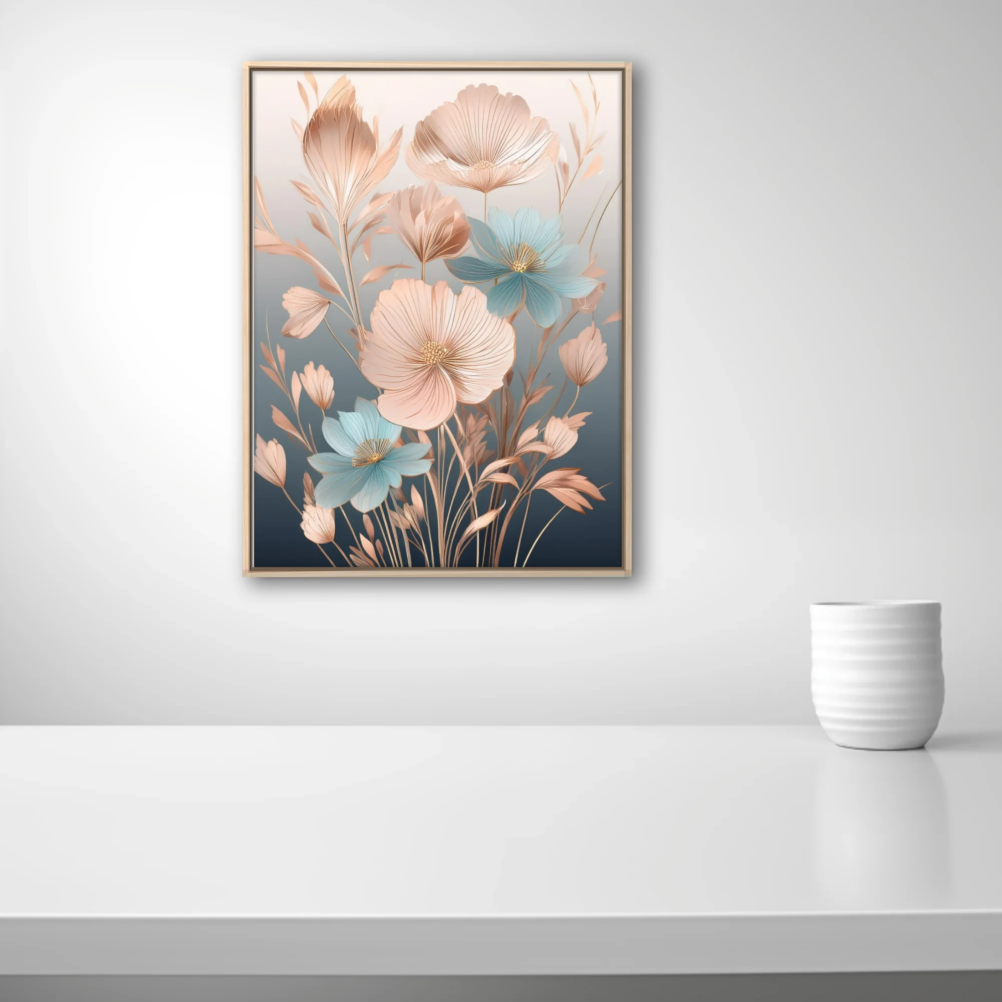 Decorative abstract floral art, blush pink and blue petals with gold line details