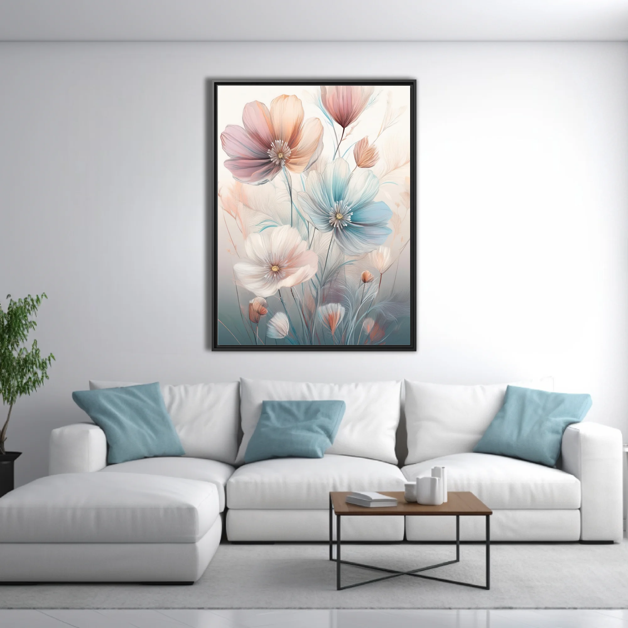 Pastel abstract floral illustration with translucent blooms in blush, blue, and peach tones