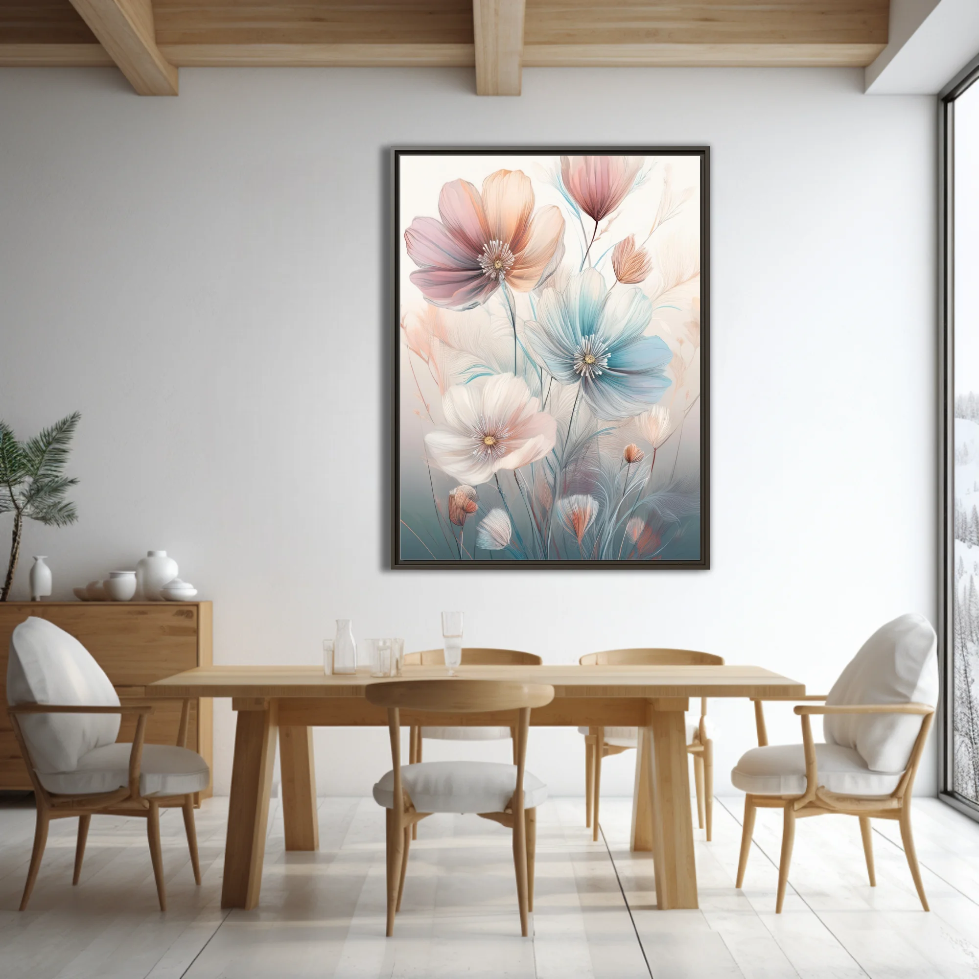 Pastel abstract floral illustration with translucent blooms in blush, blue, and peach tones